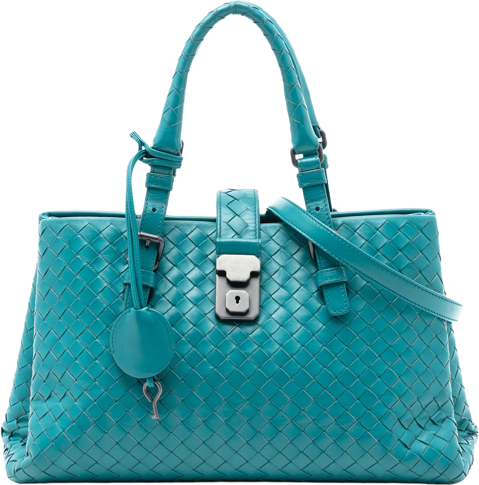 Bottega Veneta Small Nappa Intrecciato Roma Satchel, från Luxclusif, i färgen turquoise.