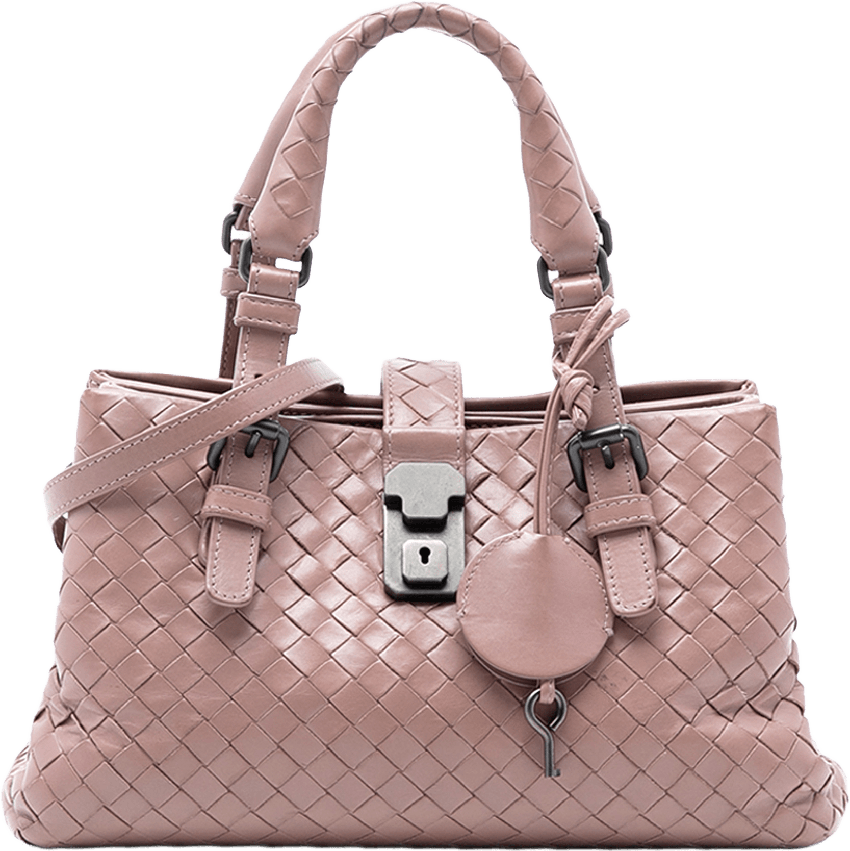 Bottega Veneta Mini Nappa Intrecciato Roma Satchel, från Luxclusif, i färgen light pink.