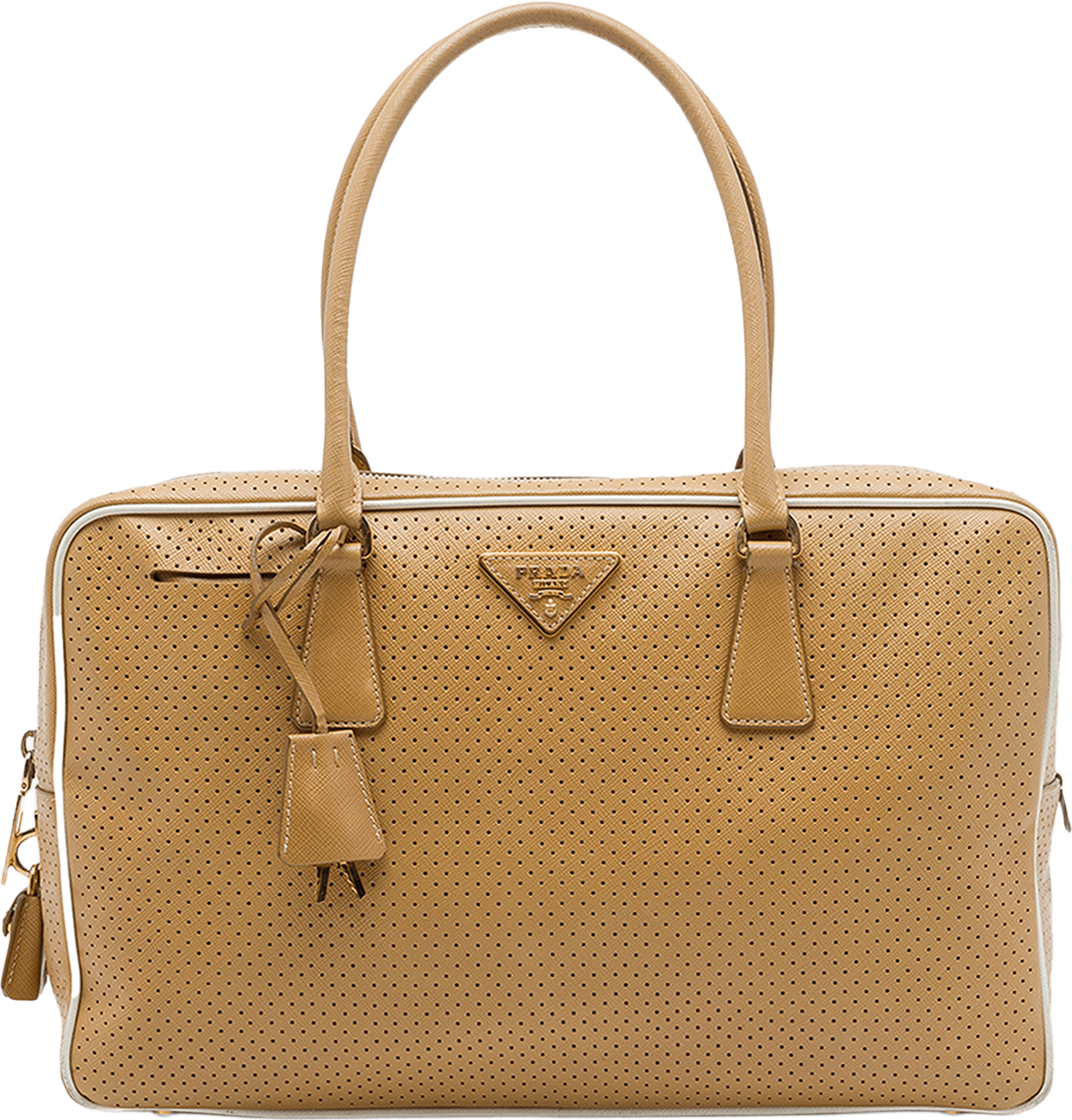Prada Perforated Saffiano Lux Bauletto Top Handle Bag, från Luxclusif, i färgen brun.