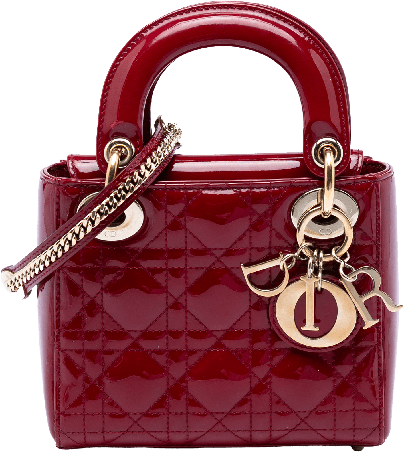 Dior Mini Patent Cannage Lady Dior, från Luxclusif, i färgen dark red.