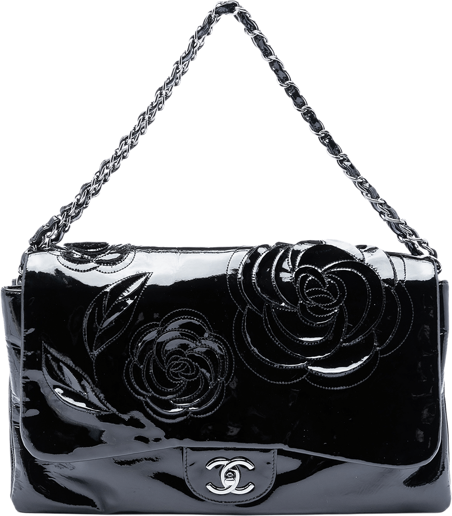 Chanel Patent Camellia Flap Bag, från Luxclusif, i färgen black.