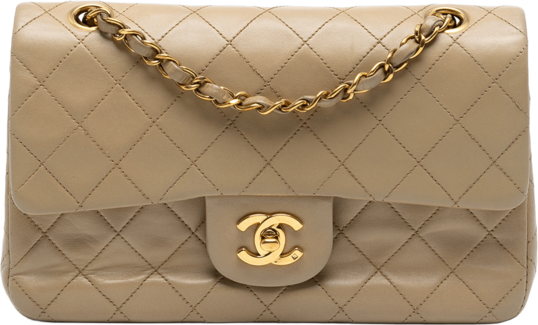 Chanel Small Classic Lambskin Double Flap, från Luxclusif, i färgen light brown.