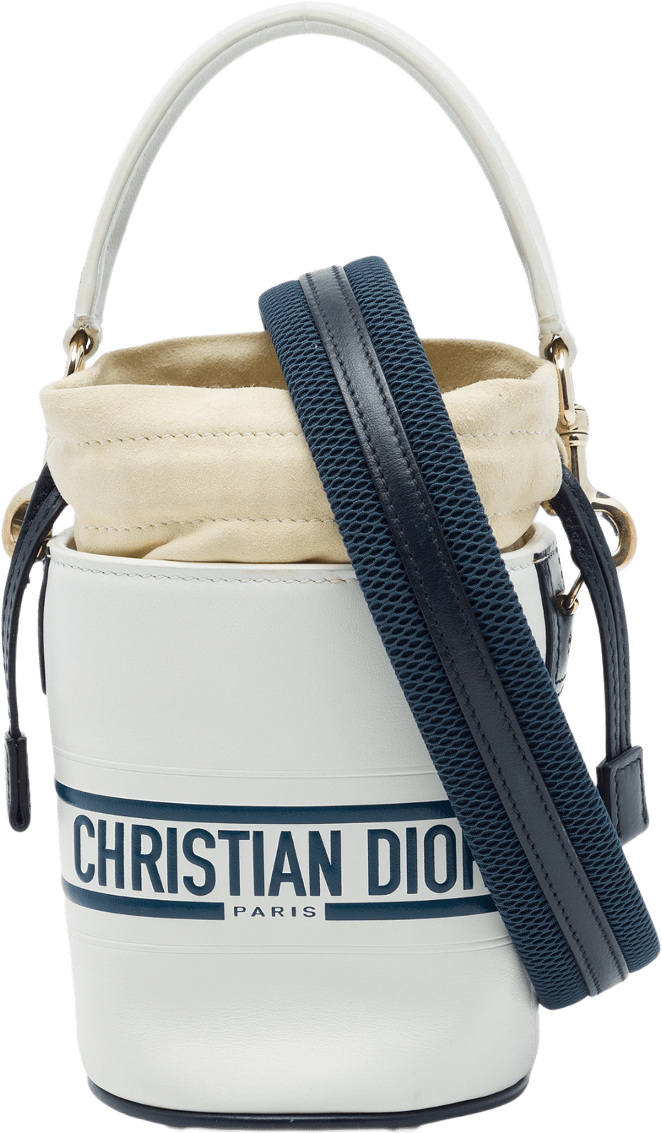 Dior Micro Calfskin Vibe Drawstring Bucket Bag, från Luxclusif, i färgen beige.