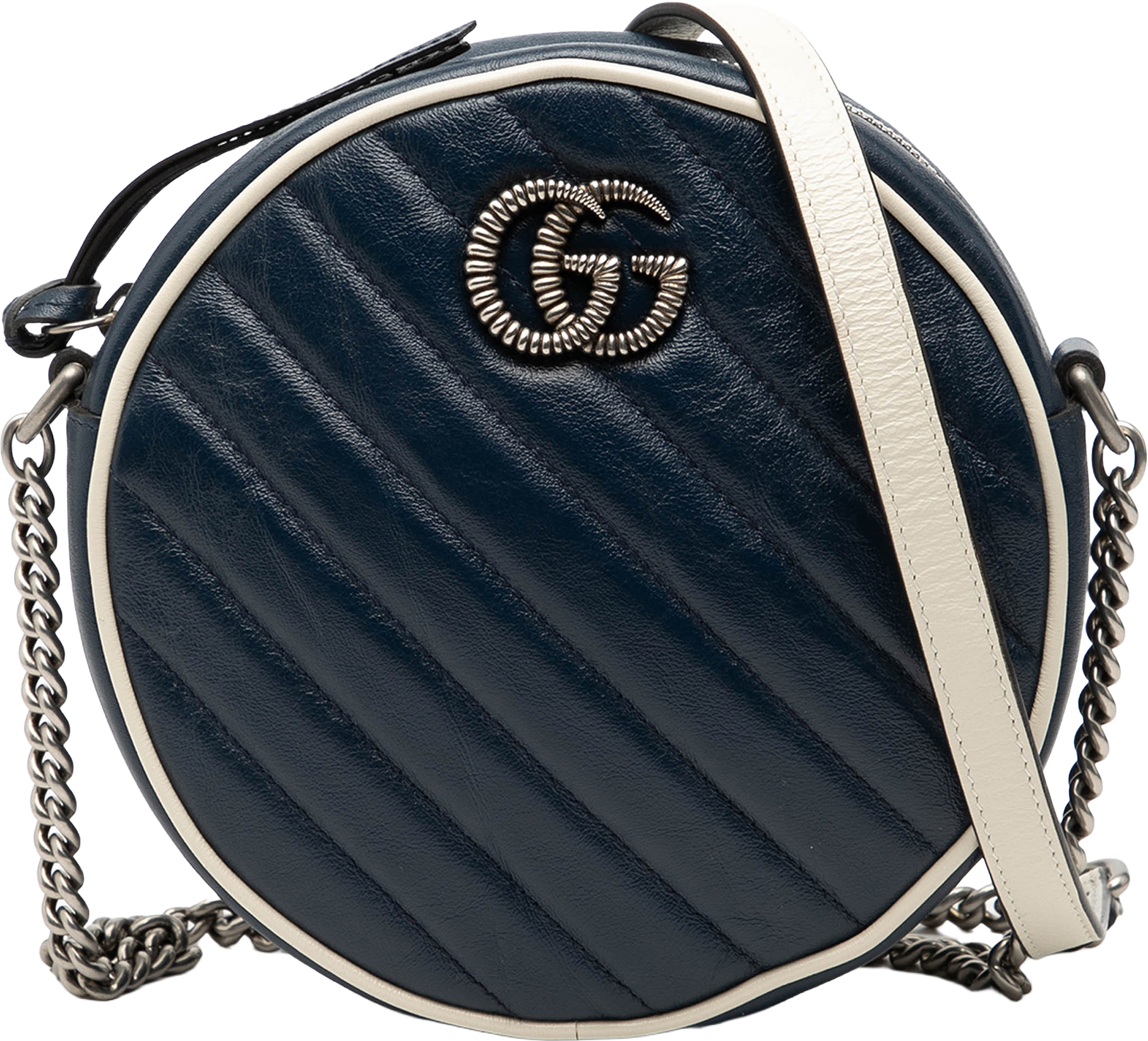 Gucci Mini Gg Marmont Matelasse Leather Torchon Round Crossbody, från Luxclusif, i färgen navy.