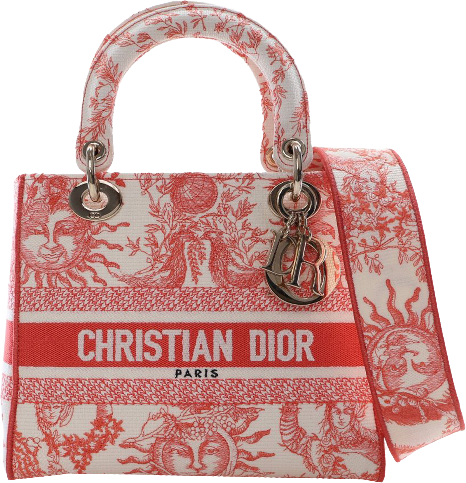 Dior Medium Embroidered Canvas Toile De Jouy Soleil Lady D Lite, från Luxclusif, i färgen red.