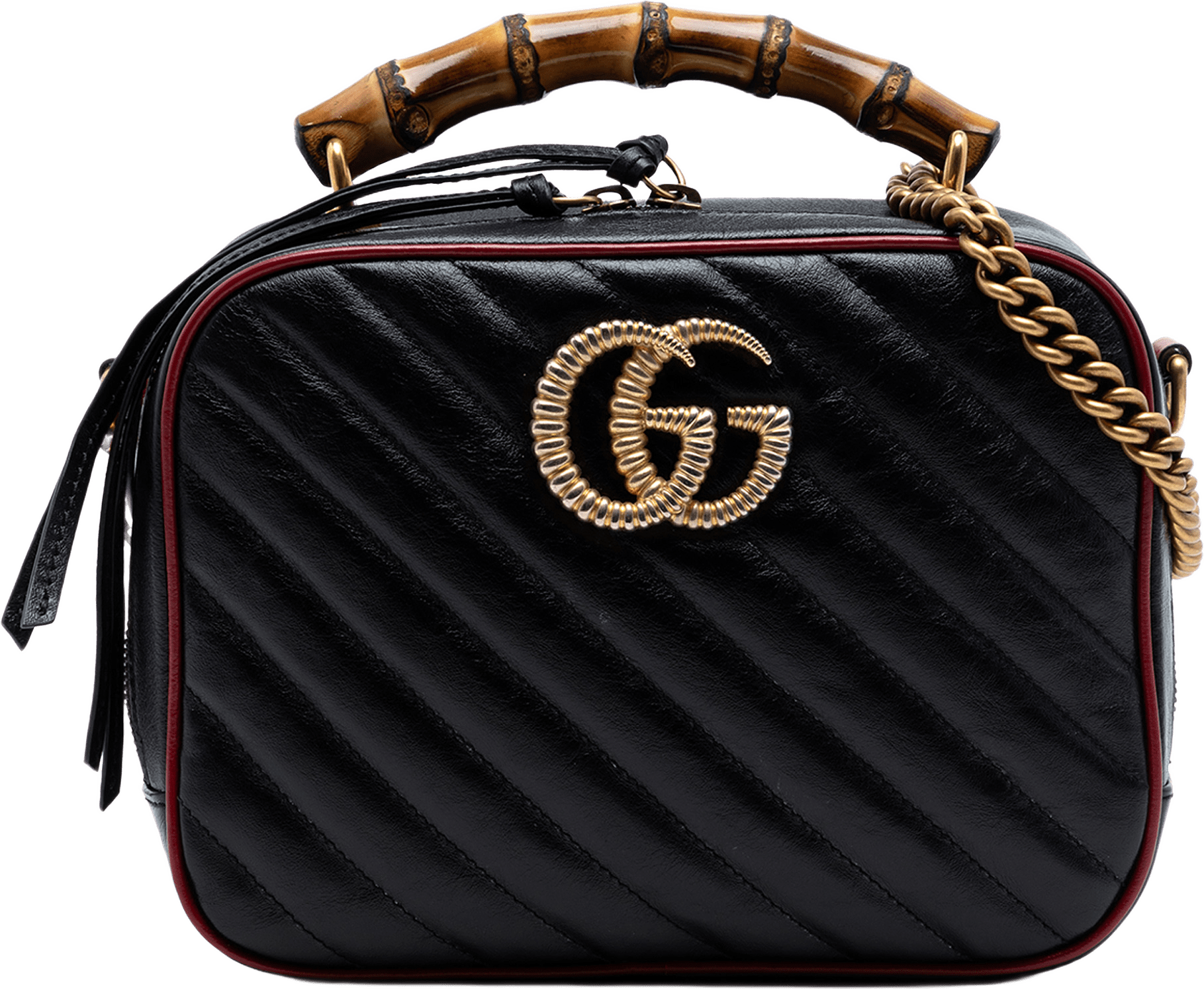 Gucci Small Gg Marmont Matelasse Diagonal Leather Torchon Bamboo Satchel, från Luxclusif, i färgen black.