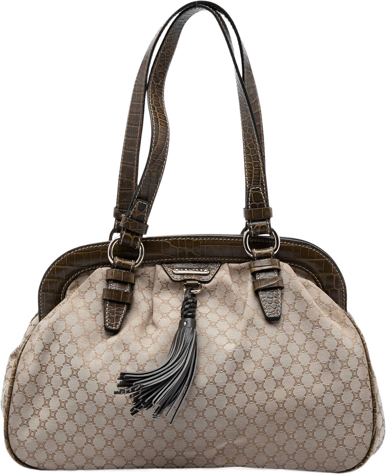 Celine Macadam Canvas Tassel Frame Satchel, från Luxclusif, i färgen beige.