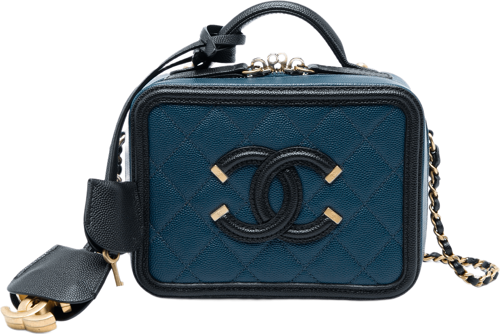Chanel Small Bicolor Caviar Cc Filigree Vanity Case, från Luxclusif, i färgen blå.