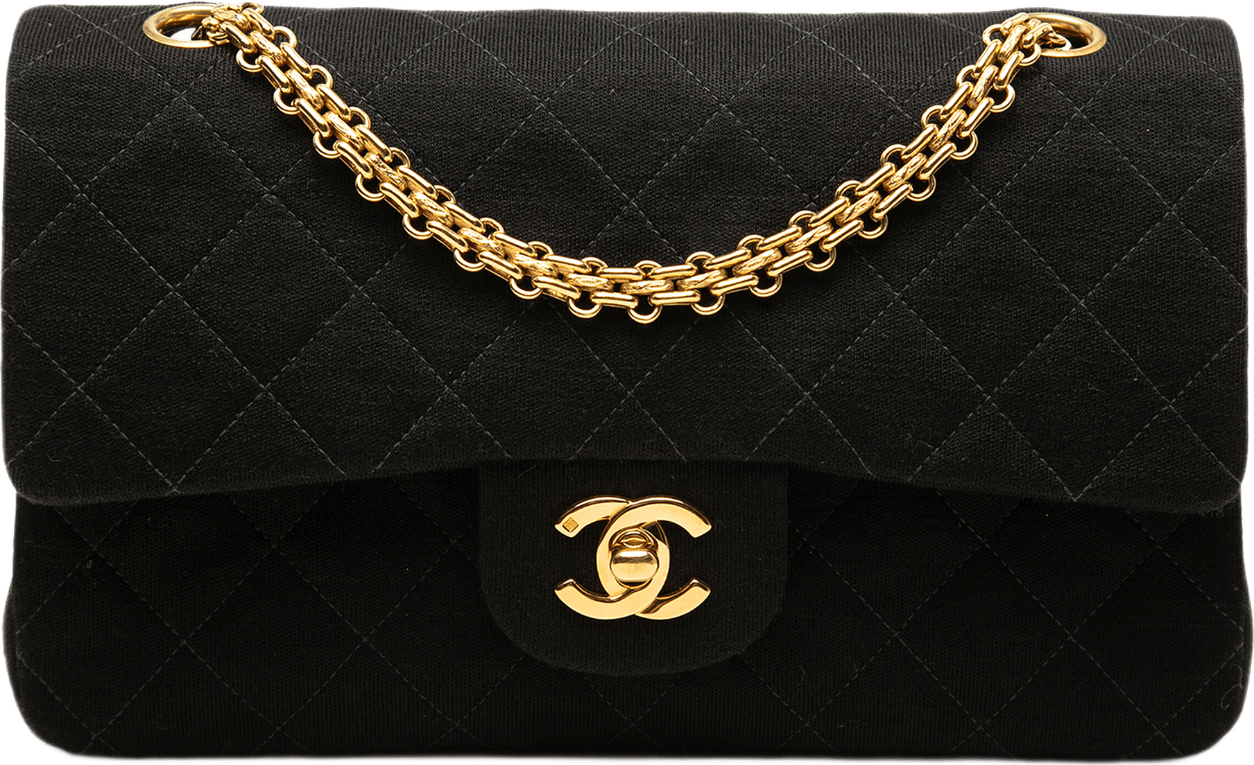 Chanel Small Classic Jersey Double Flap, från Luxclusif, i färgen svart.