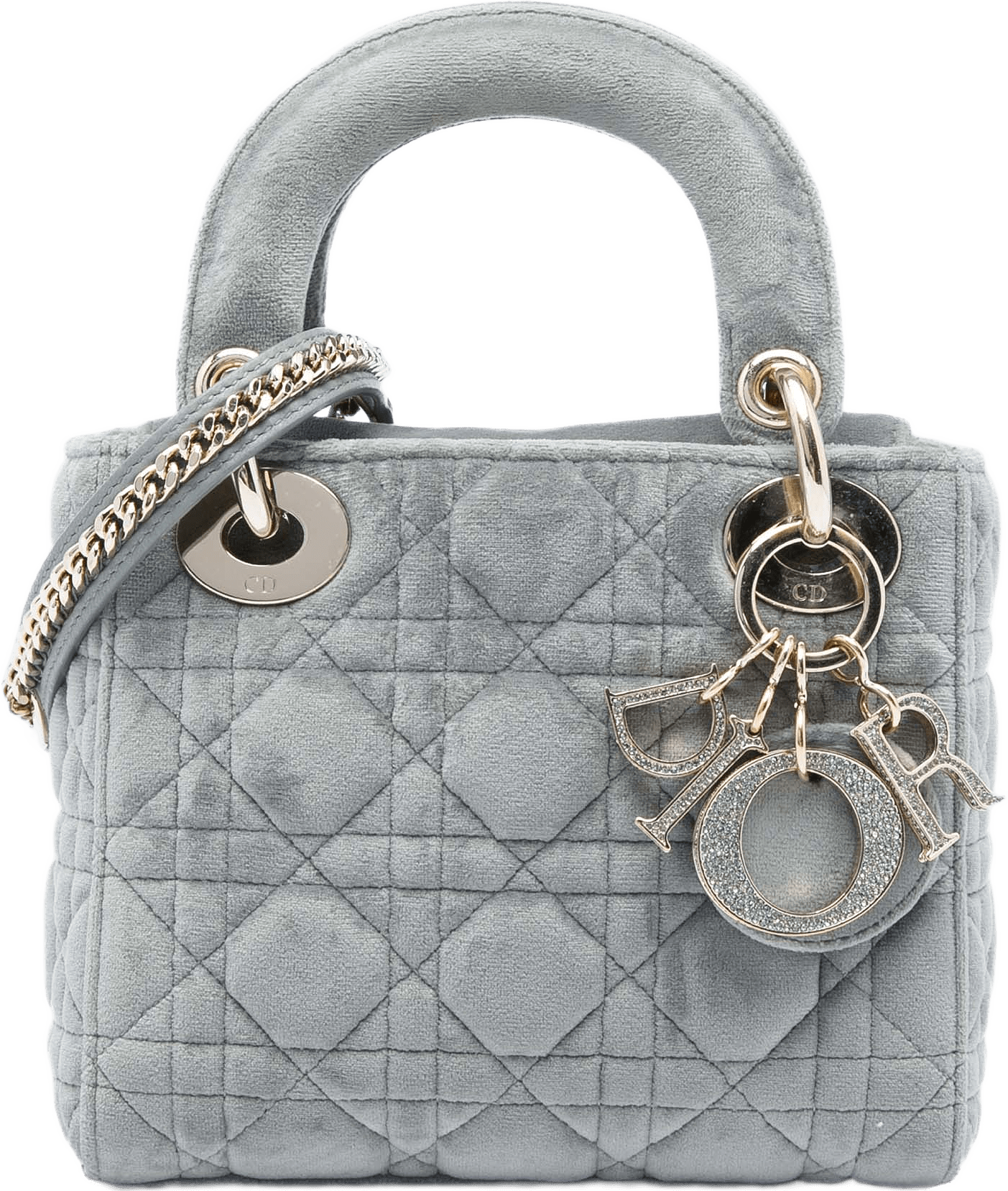 Dior Mini Velvet Cannage Lady Dior, från Luxclusif, i färgen grå.
