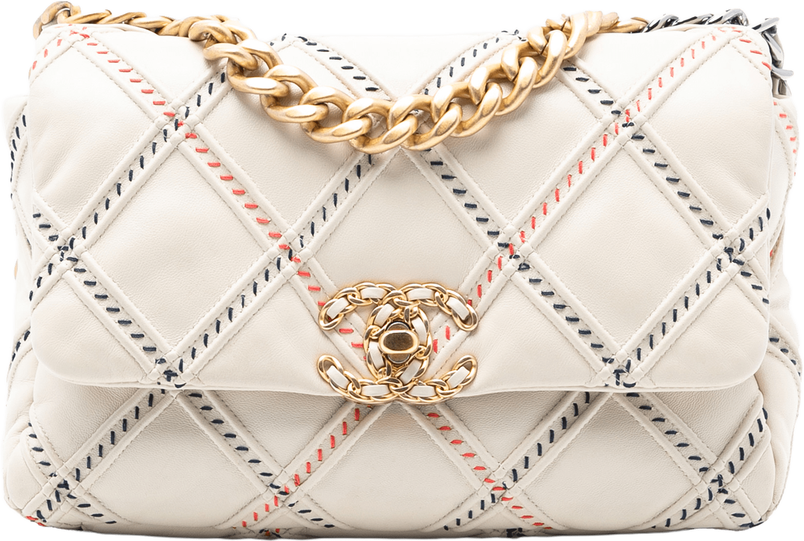 Chanel Medium Lambskin Stitched 19 Flap, från Luxclusif, i färgen white.