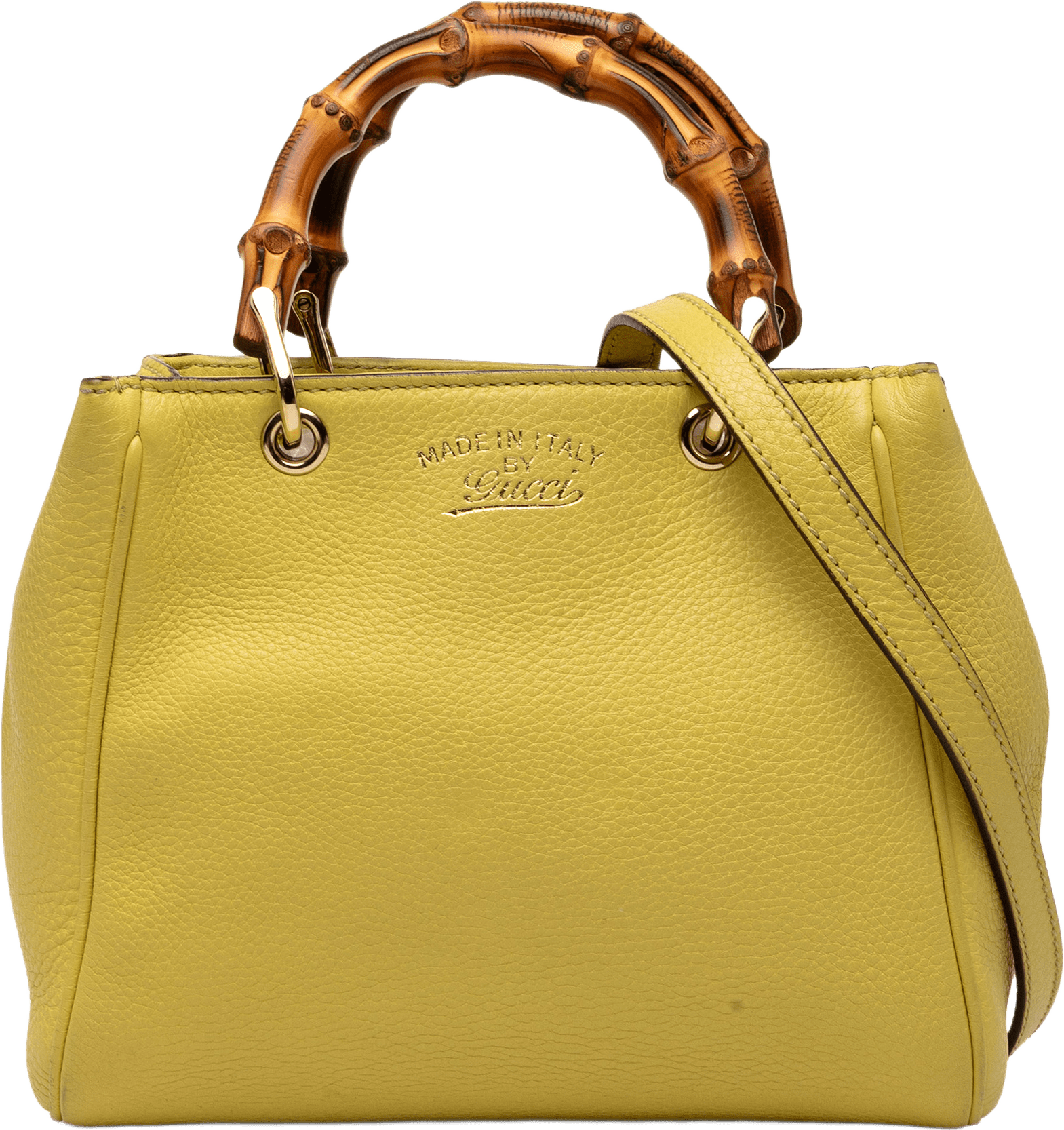 Gucci Mini Calfskin Bamboo Shopper Satchel, från Luxclusif, i färgen yellow.