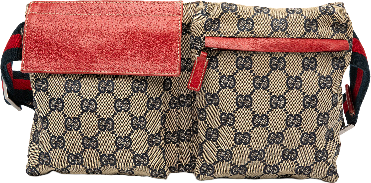 Gucci Gg Canvas Web Double Pocket Belt Bag, från Luxclusif, i färgen beige.