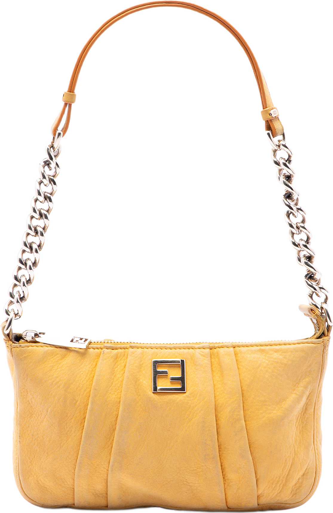 Fendi Pleated Nubuck Ff Chain Pochette, från Luxclusif, i färgen mustard.
