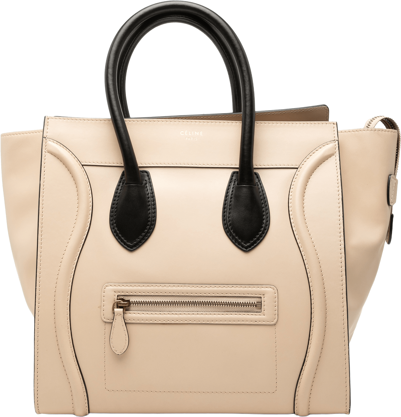 Celine Mini Bicolor Leather Luggage Tote, från Luxclusif, i färgen light beige.