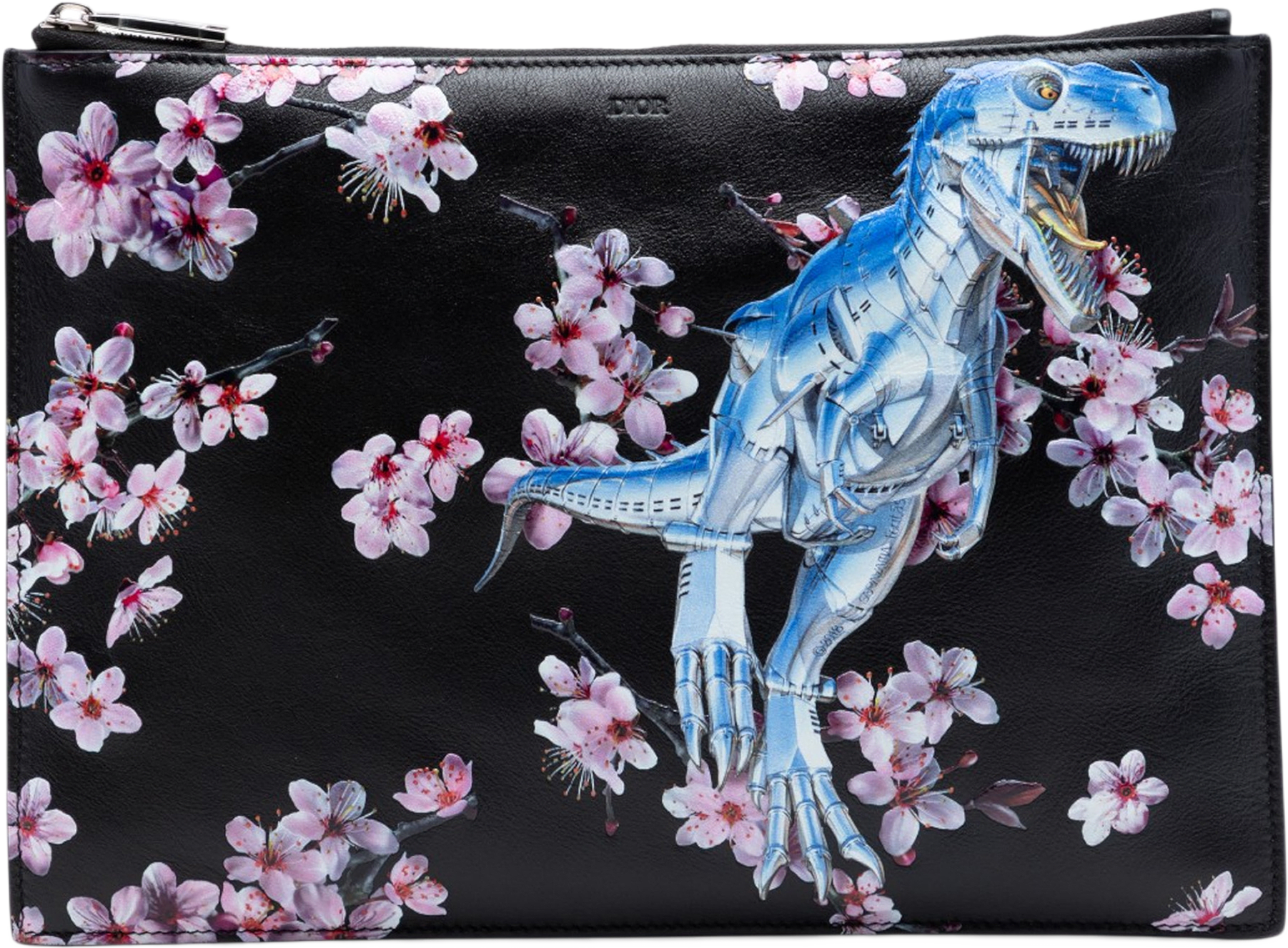 Dior Hajime Sorayama Calfskin Cherry Blossom Dinosaur Print Zip Pouch, från Luxclusif, i färgen black.