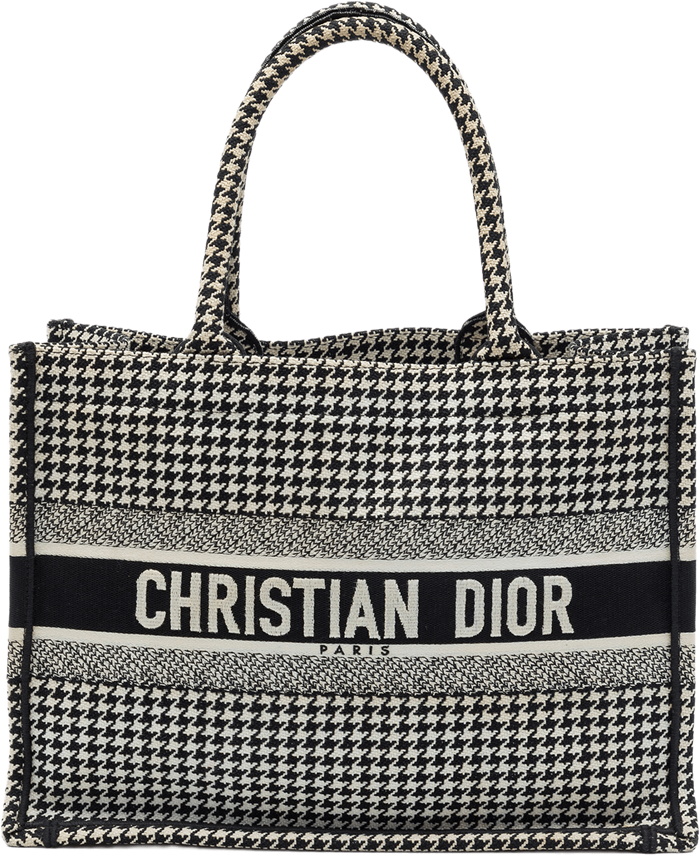 Dior Medium Embroidered Canvas Houndstooth Book Tote, från Luxclusif, i färgen svart.
