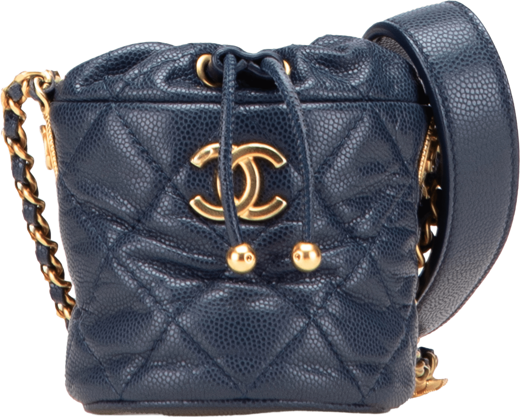 Chanel Mini Quilted Caviar Medallion Charms Drawstring Bucket Bag, från Luxclusif, i färgen navy.