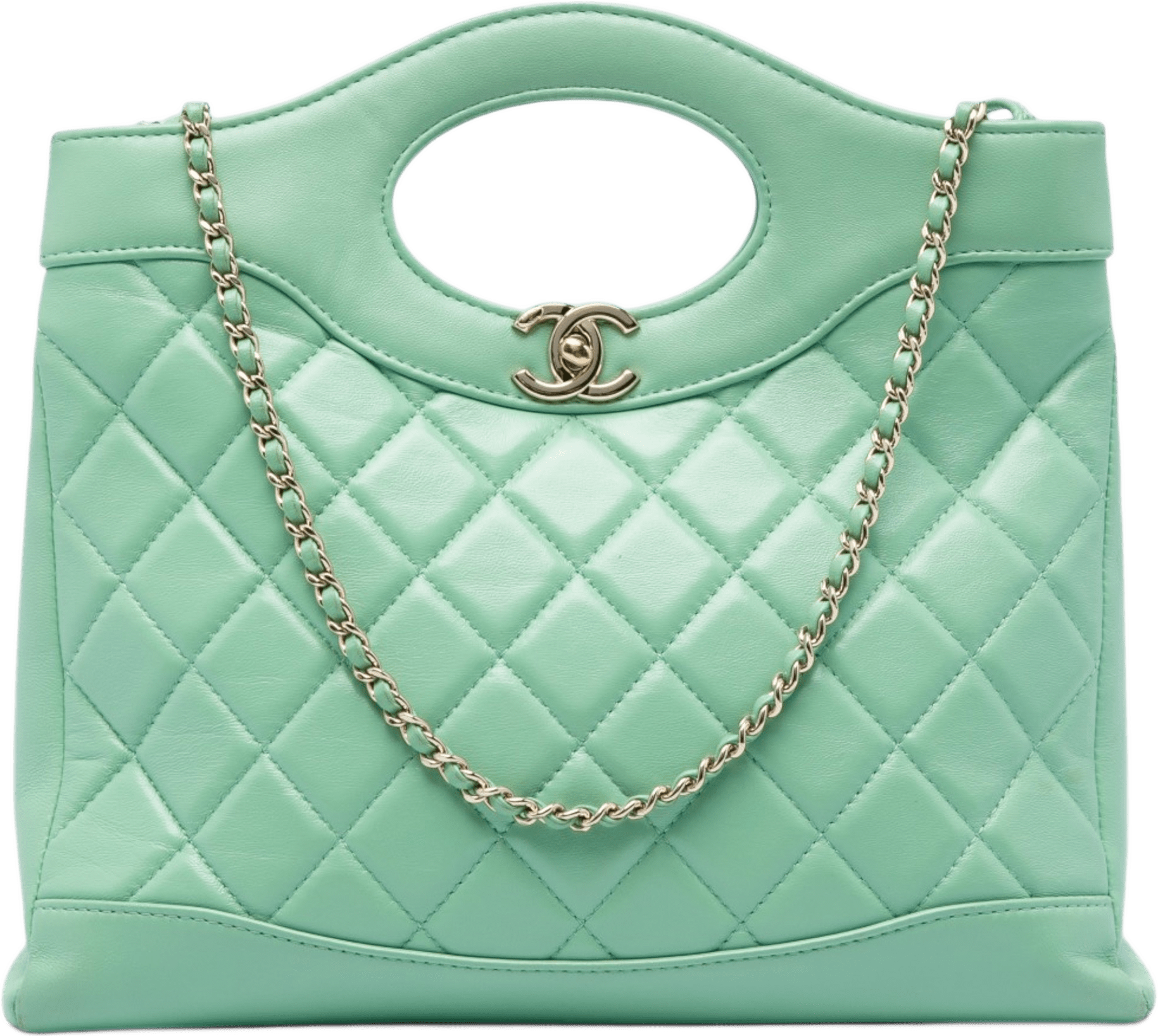 Chanel Small Quilted Shiny Lambskin 31 Shopping Bag, från Luxclusif, i färgen grön.