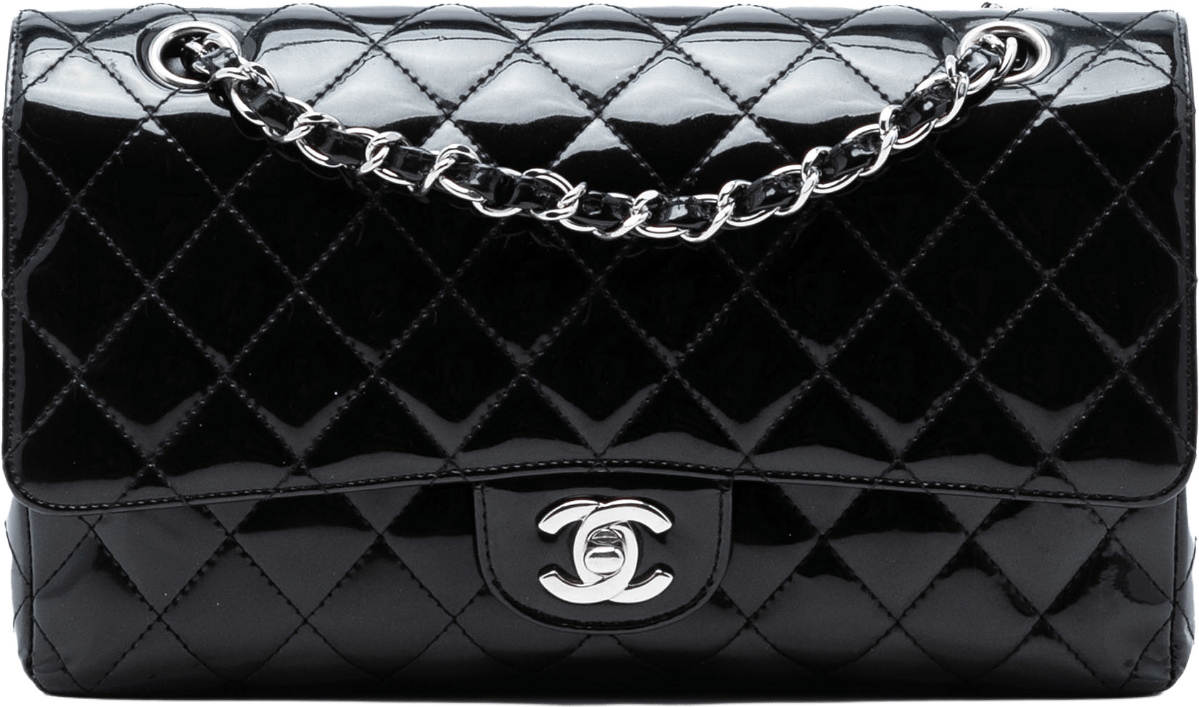 Chanel Medium Classic Patent Double Flap, från Luxclusif, i färgen black.