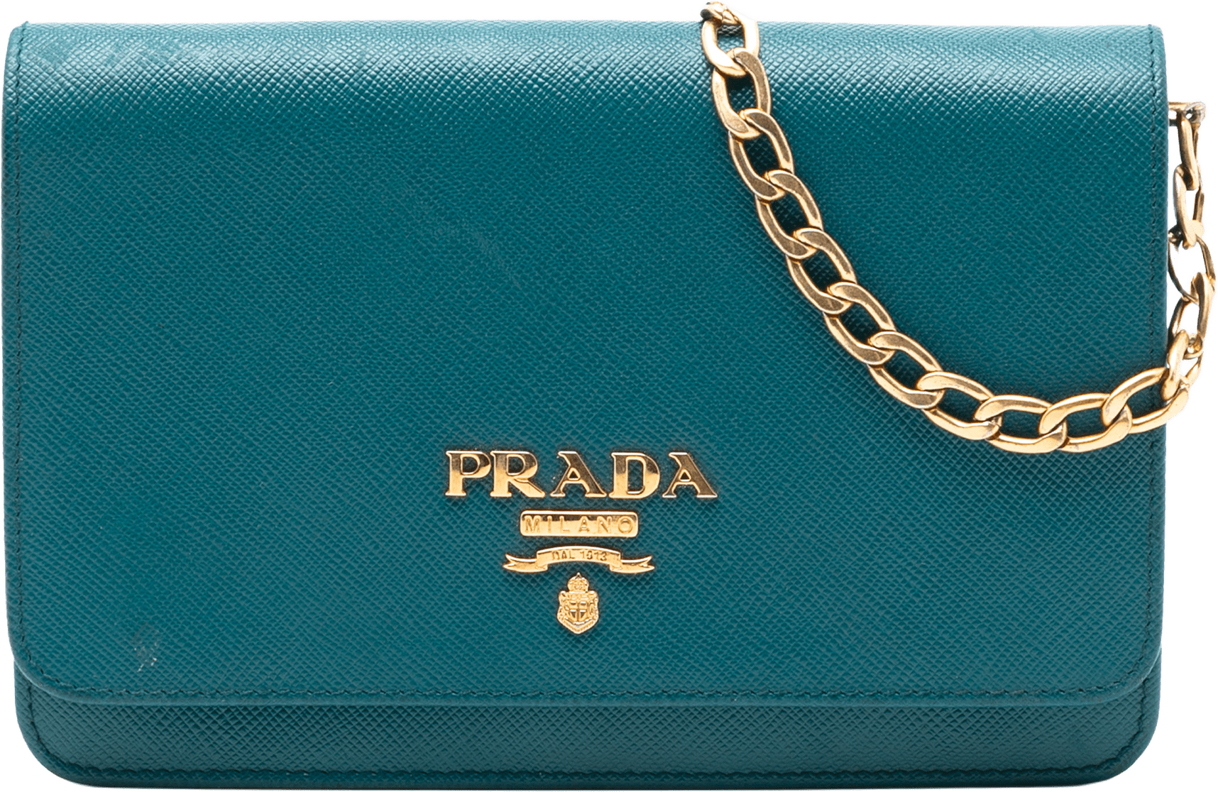 Prada Saffiano Lux Wallet On Chain, från Luxclusif, i färgen peacock.