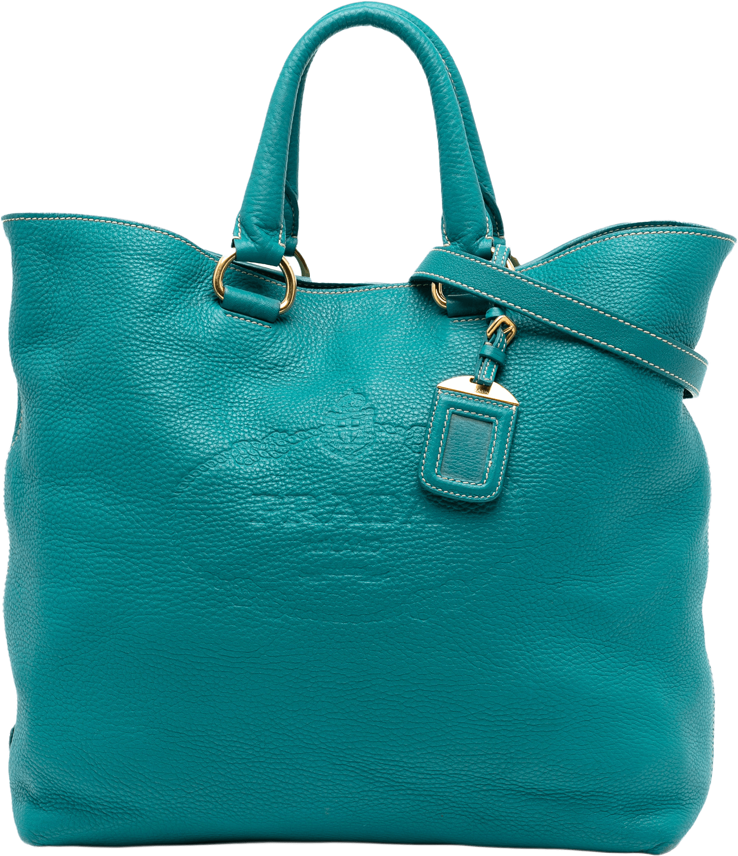 Prada Vitello Daino Canapa Logo Open Convertible Tote, från Luxclusif, i färgen turquoise.