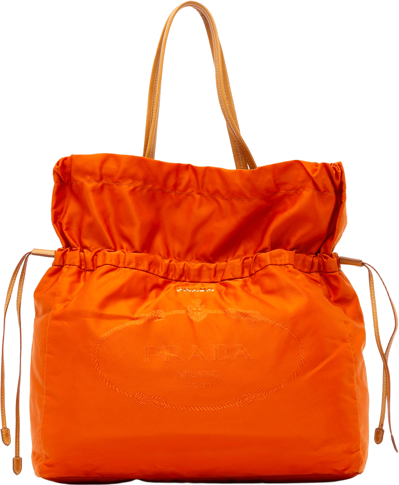 Prada Tessuto Logo Drawstring Tote, från Luxclusif, i färgen orange.