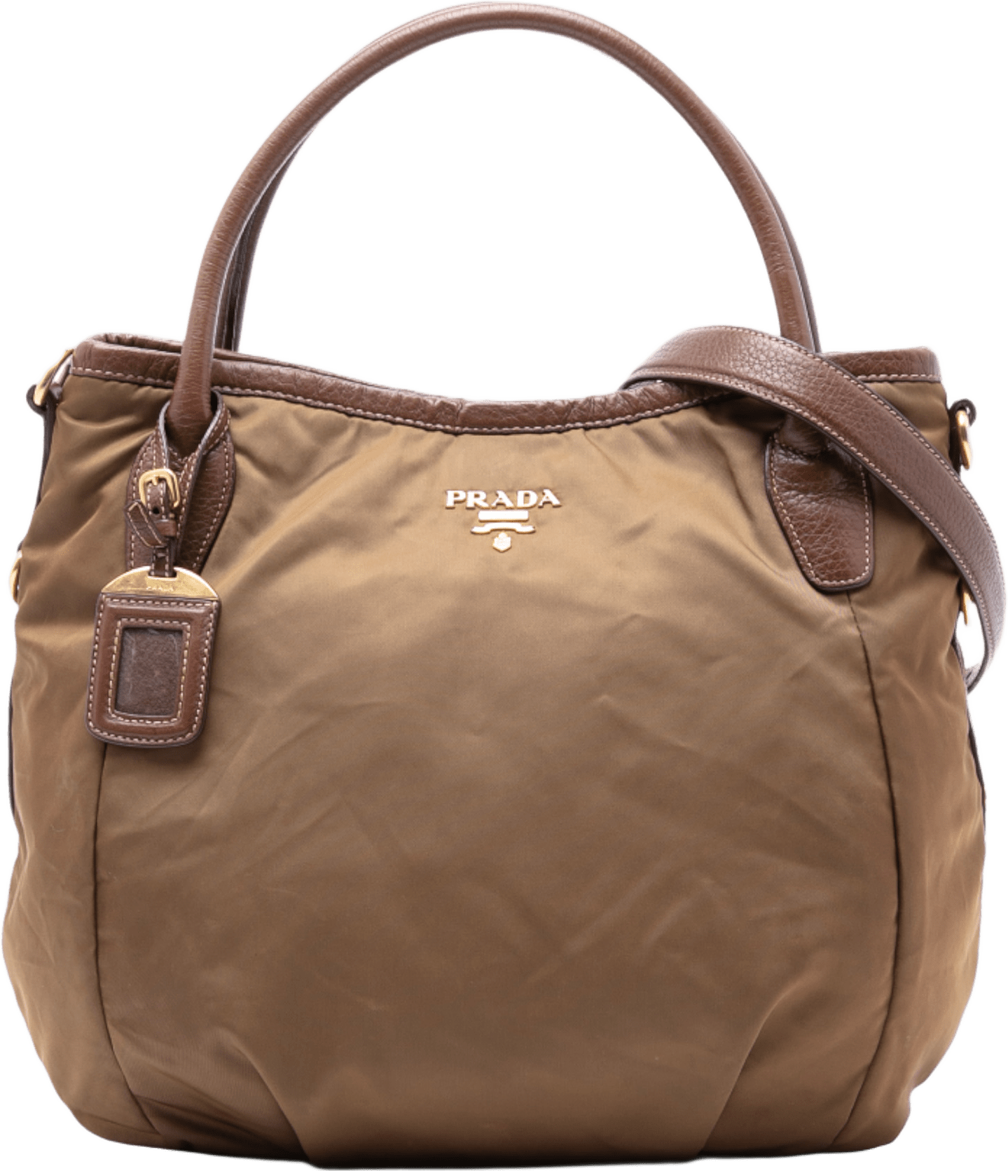 Prada Vitello Daino Trimmed Tessuto Satchel, från Luxclusif, i färgen brown.