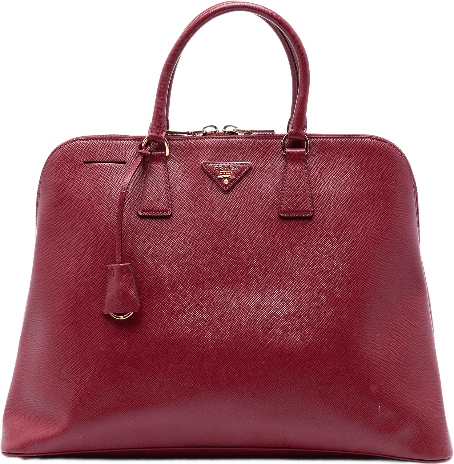 Prada Extra Large Saffiano Lux Promenade Satchel, från Luxclusif, i färgen dark red.