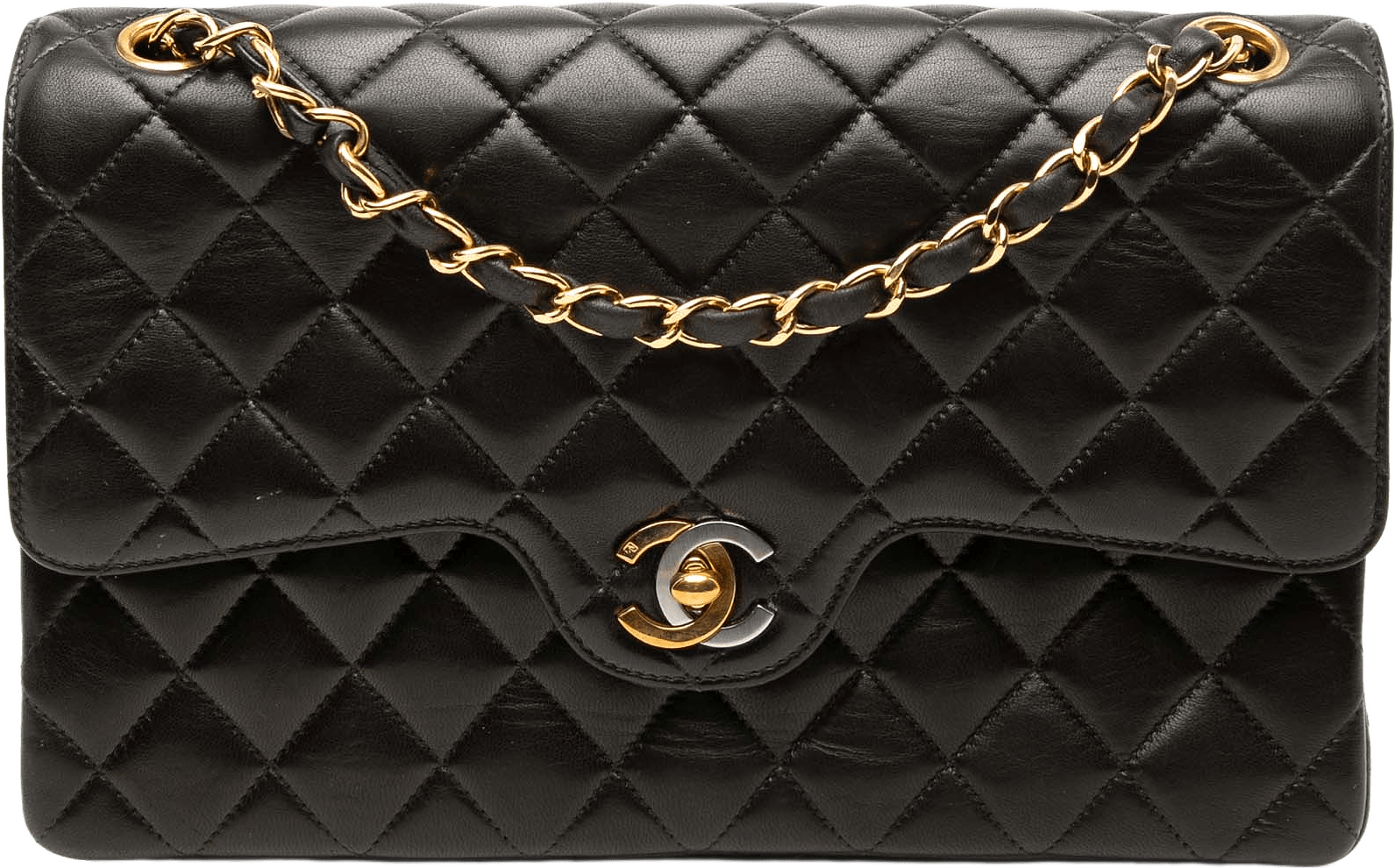 Chanel Medium Quilted Lambskin Gold And Silver Combo Cc Double Flap, från Luxclusif, i färgen black.