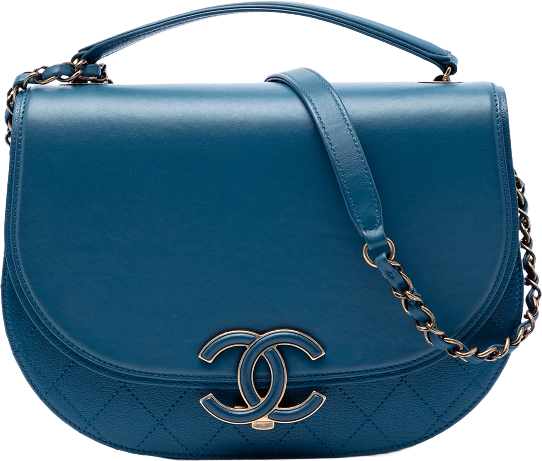 Chanel Medium Shiny Calfskin And Quilted Goatskin Coco Curve Flap, från Luxclusif, i färgen blå.