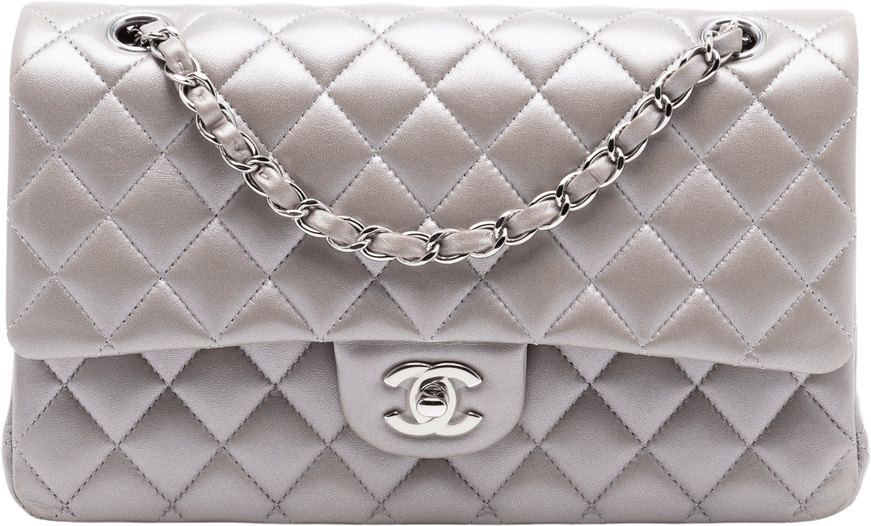 Chanel Medium Classic Metallic Lambskin Double Flap, från Luxclusif, i färgen pomice.