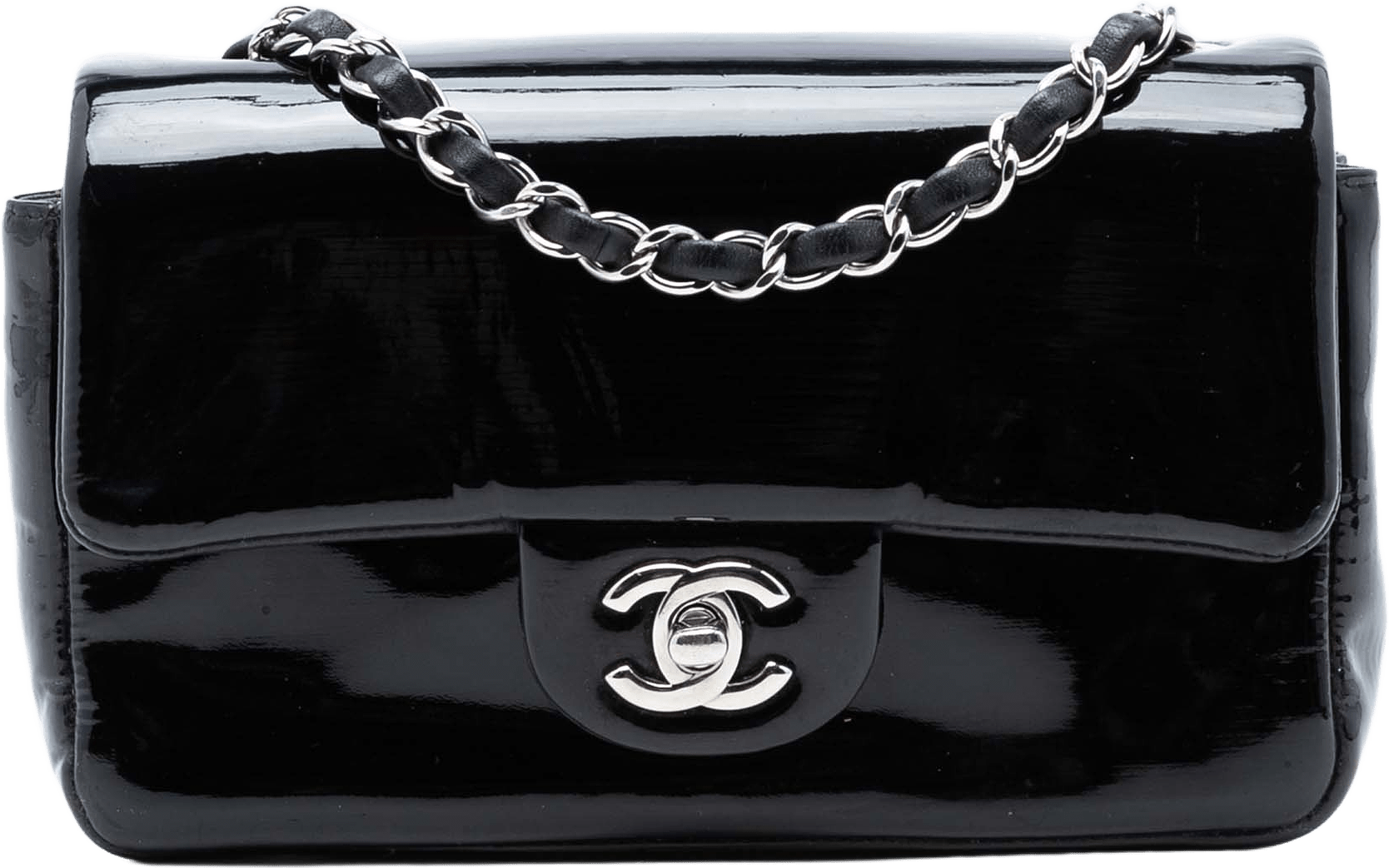 Chanel Mini Rectangular Classic Pure Patent Single Flap, från Luxclusif, i färgen black.