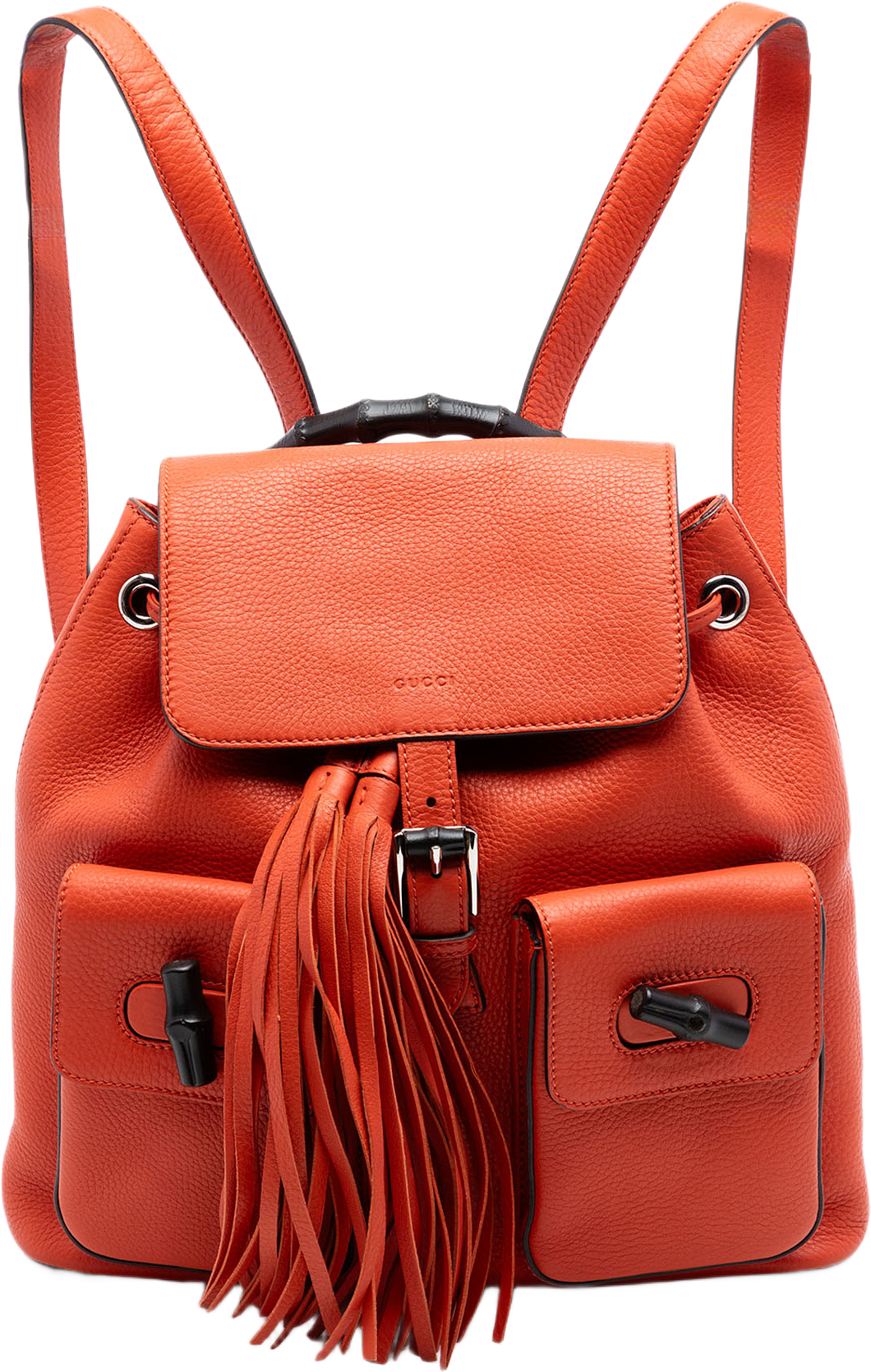 Gucci Grained Calfskin Bamboo Tassel Backpack, från Luxclusif, i färgen orange.