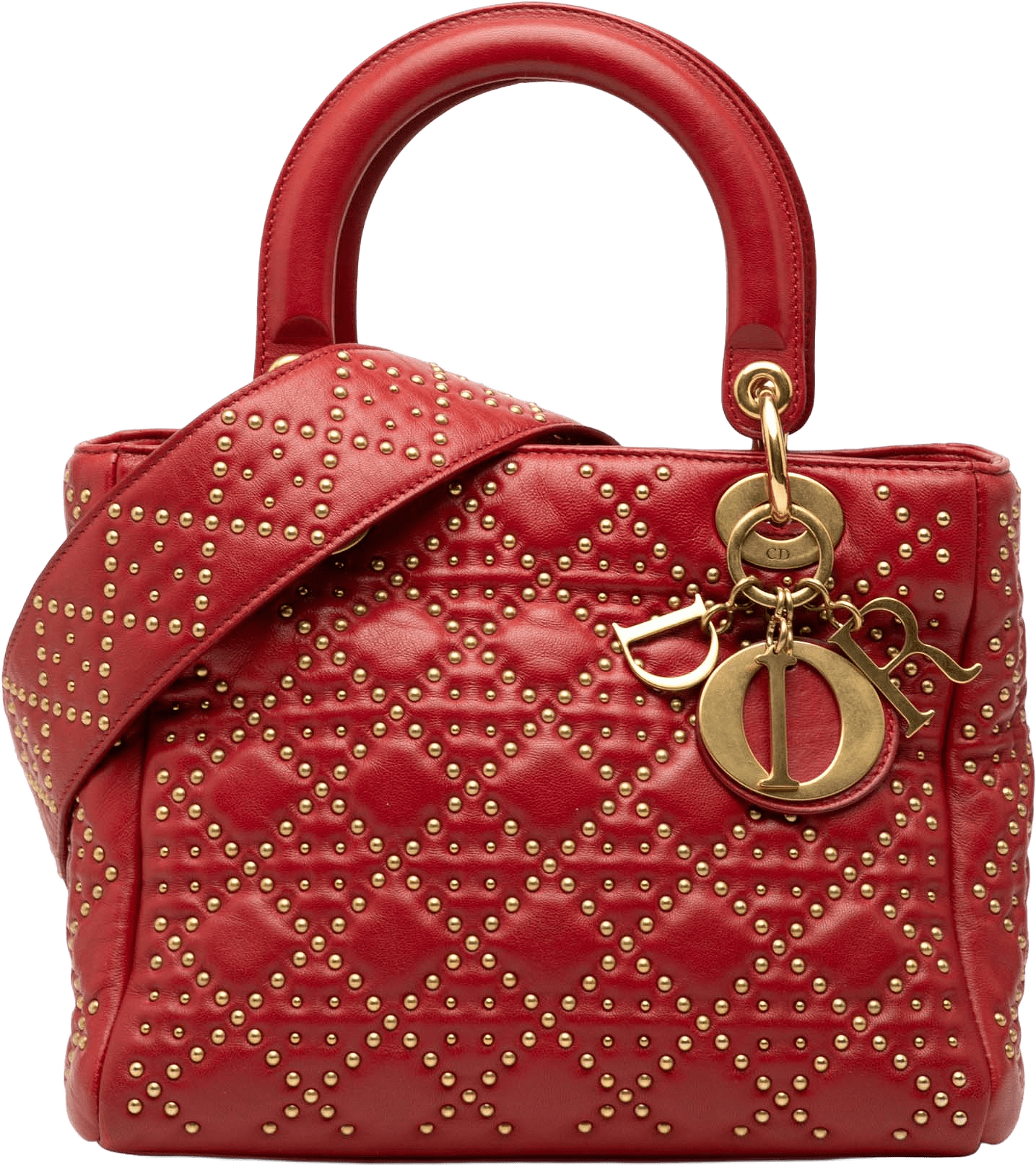 Dior Medium Lambskin Cannage Studded Supple Lady Dior, från Luxclusif, i färgen dark red.