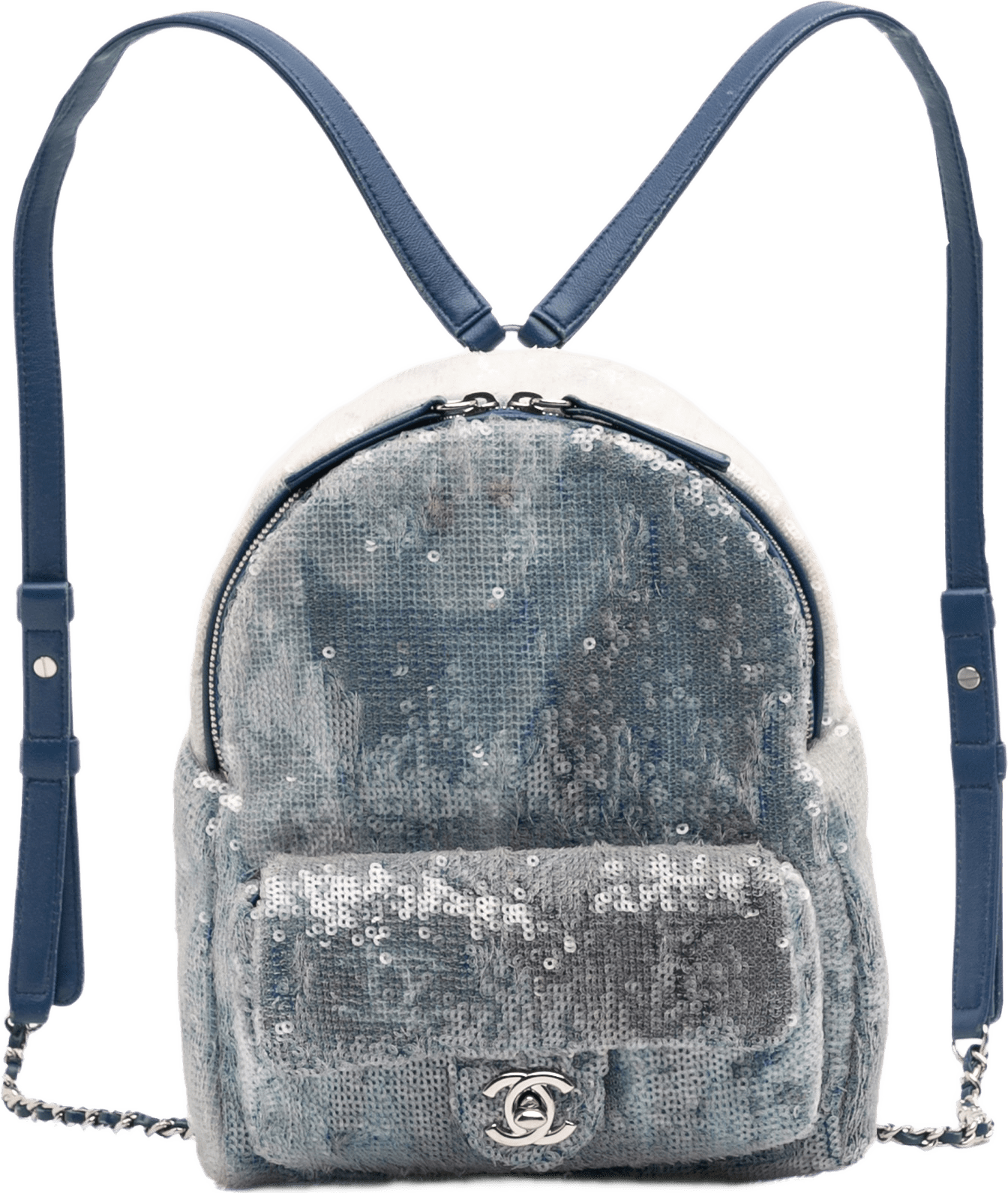 Chanel Sequin Waterfall Backpack, från Luxclusif, i färgen blå.