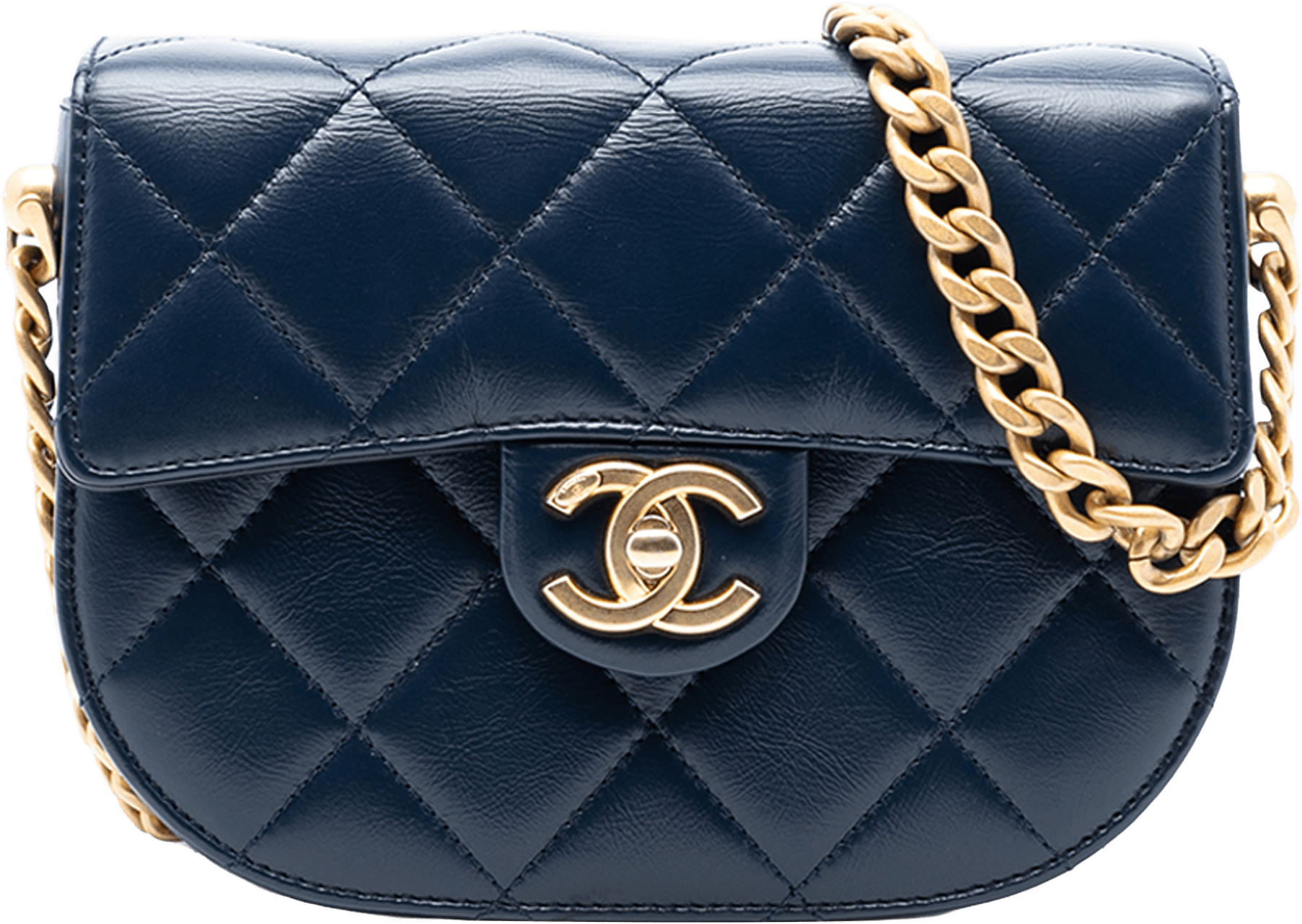 Chanel Mini Cc Quilted Shiny Calfskin Round Moon Messenger Flap, från Luxclusif, i färgen navy.