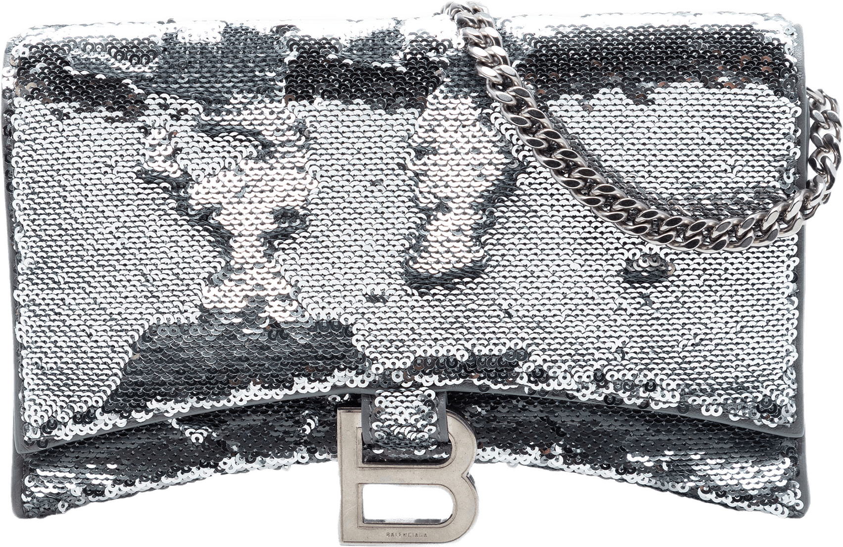 Balenciaga Nappa Sequin Hourglass Wallet On Chain, från Luxclusif, i färgen silver.