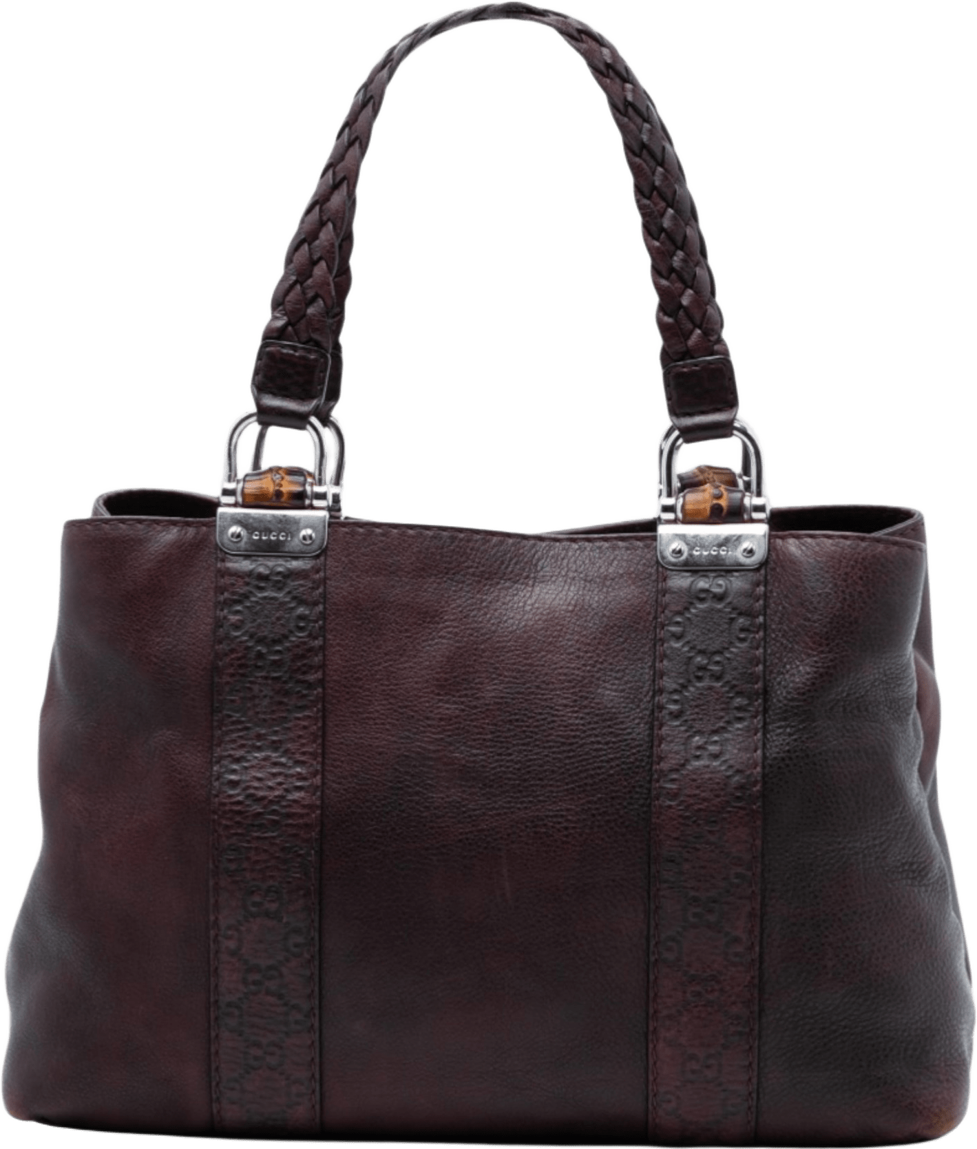 Gucci Guccissima Trimmed Leather Bamboo Libeccio Tote, från Luxclusif, i färgen dark brown.