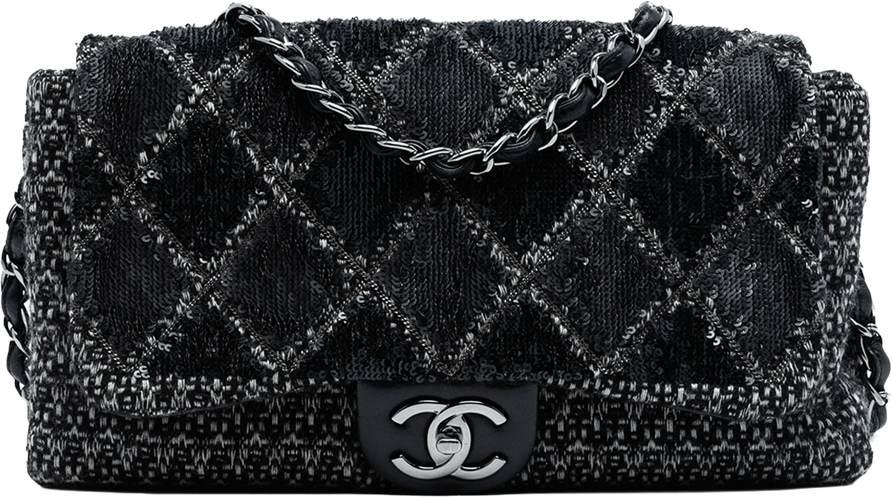 Chanel Large Tweed And Sequin Icons 3 Accordion Flap, från Luxclusif, i färgen black.