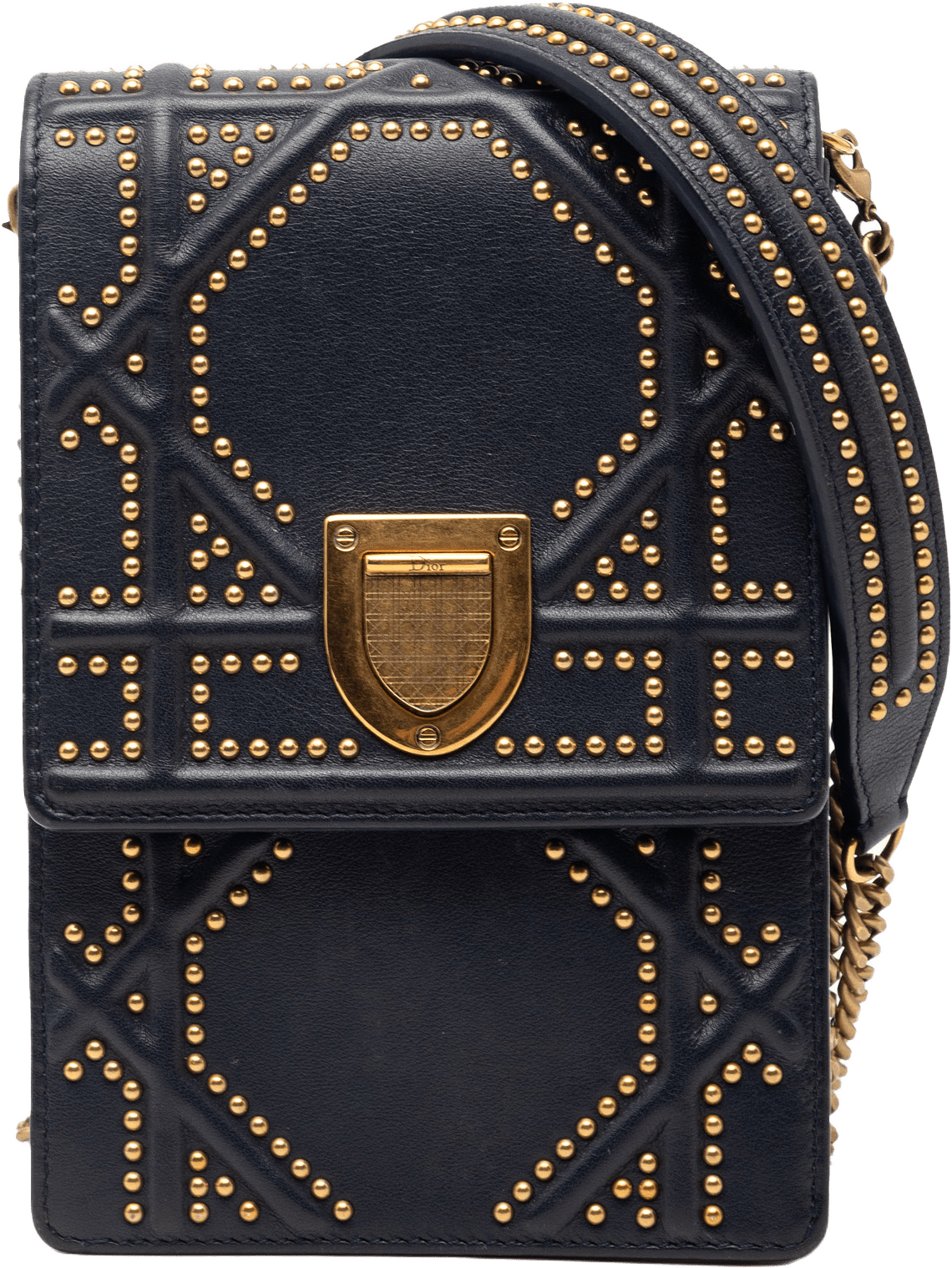 Dior Studded Lambskin Vertical Diorama Crossbody, från Luxclusif, i färgen navy.