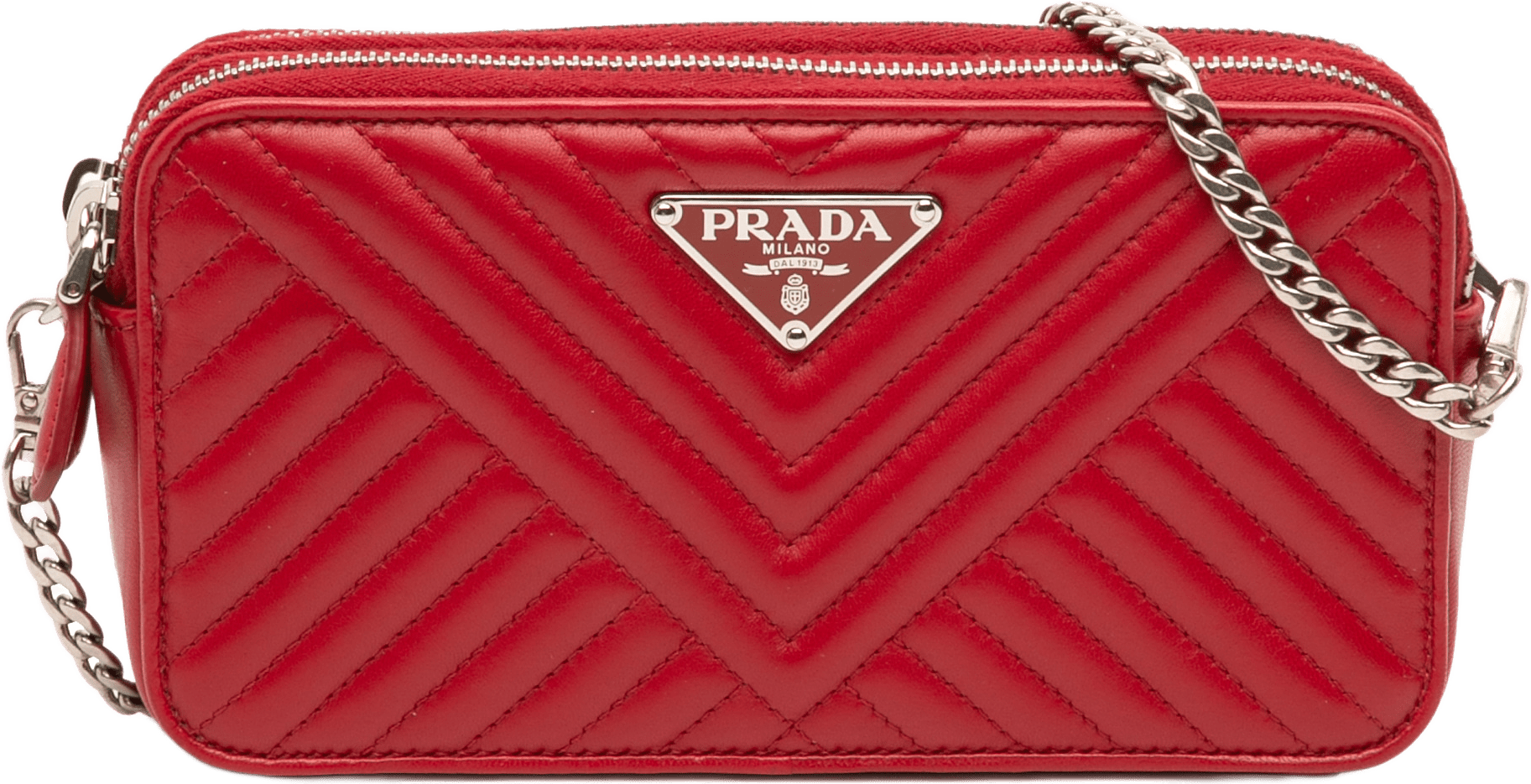 Prada Mini Soft Calf Impunture Diagramme Double Zip Bag, från Luxclusif, i färgen röd.