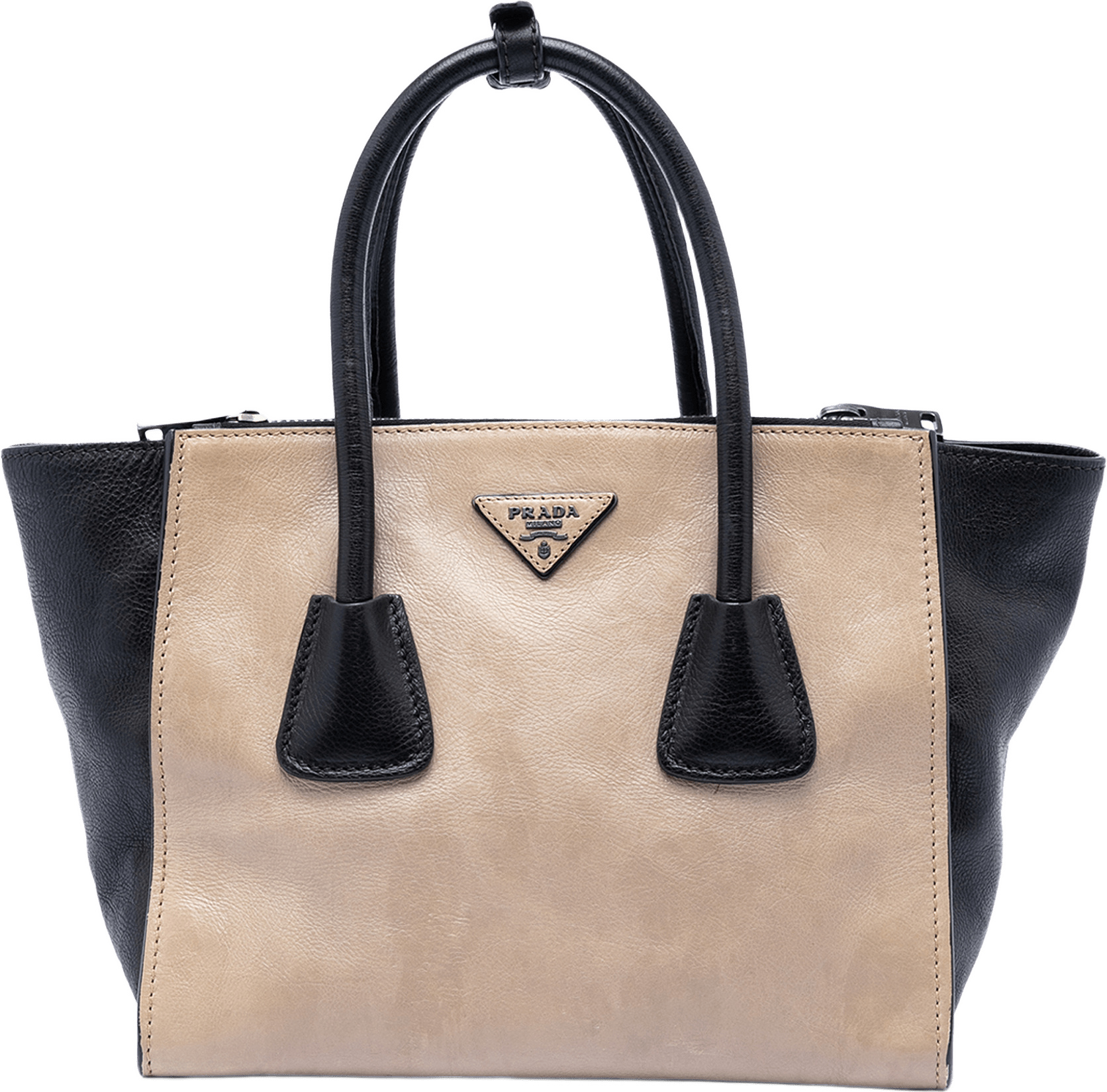 Prada Bicolor Glace Calf Twin Pocket Double Handle Satchel, från Luxclusif, i färgen beige.