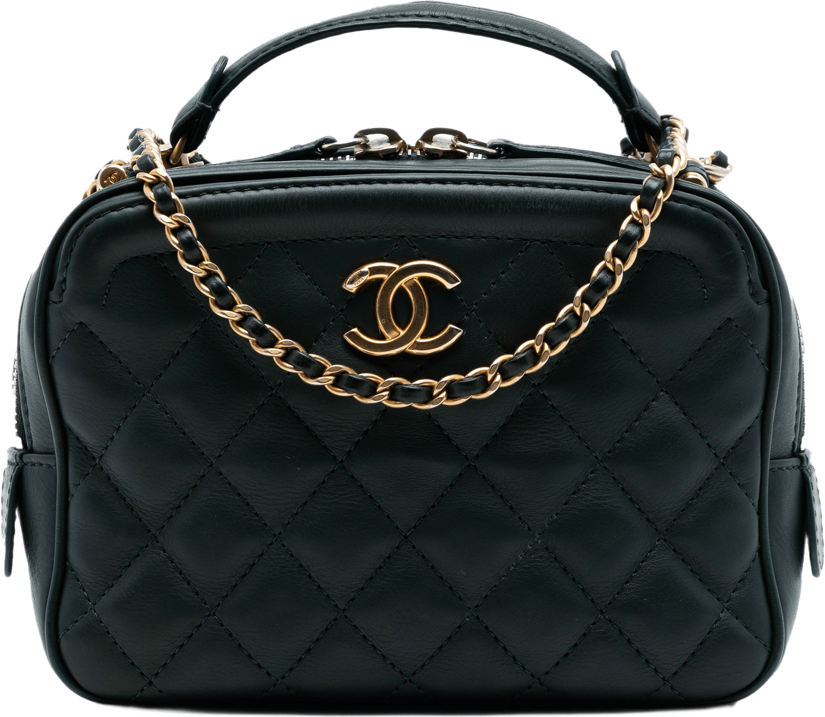 Chanel Small Cc Quilted Calfskin Top Handle Vanity Case With Chain, från Luxclusif, i färgen dark green.