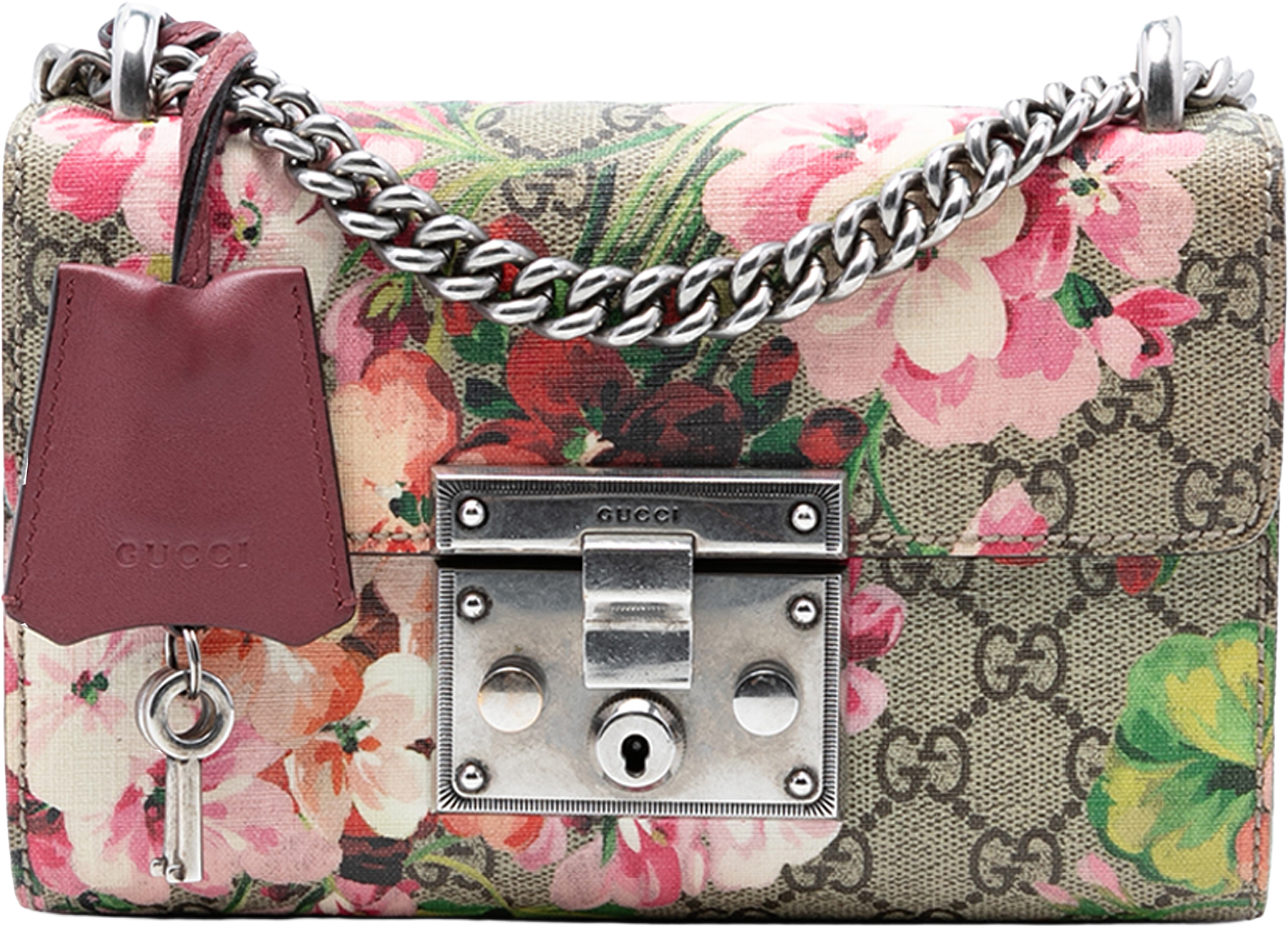 Gucci Small Gg Supreme Blooms Padlock Crossbody, från Luxclusif, i färgen beige.