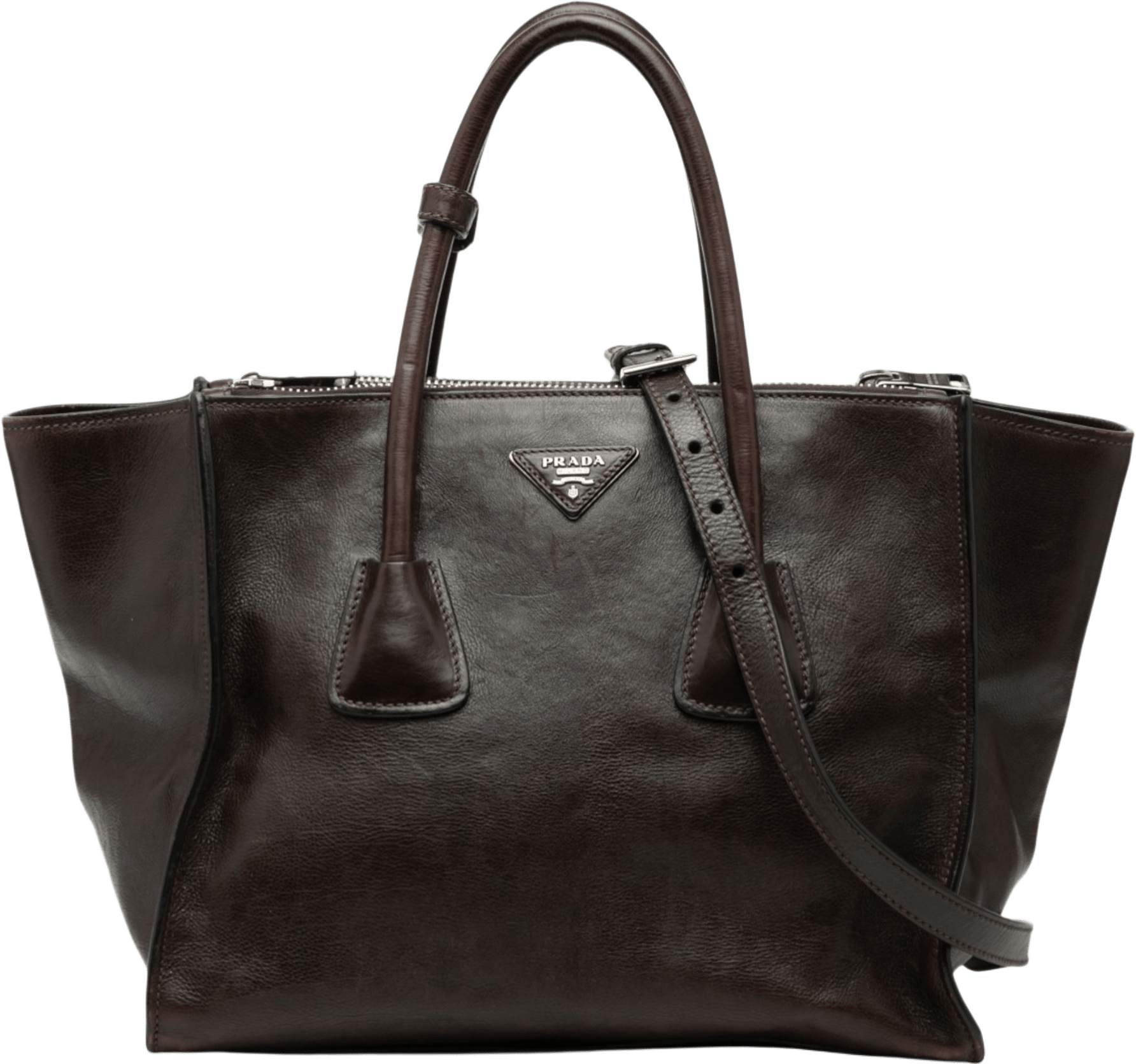 Prada Glace Calf Twin Pocket Double Handle Satchel, från Luxclusif, i färgen dark brown.