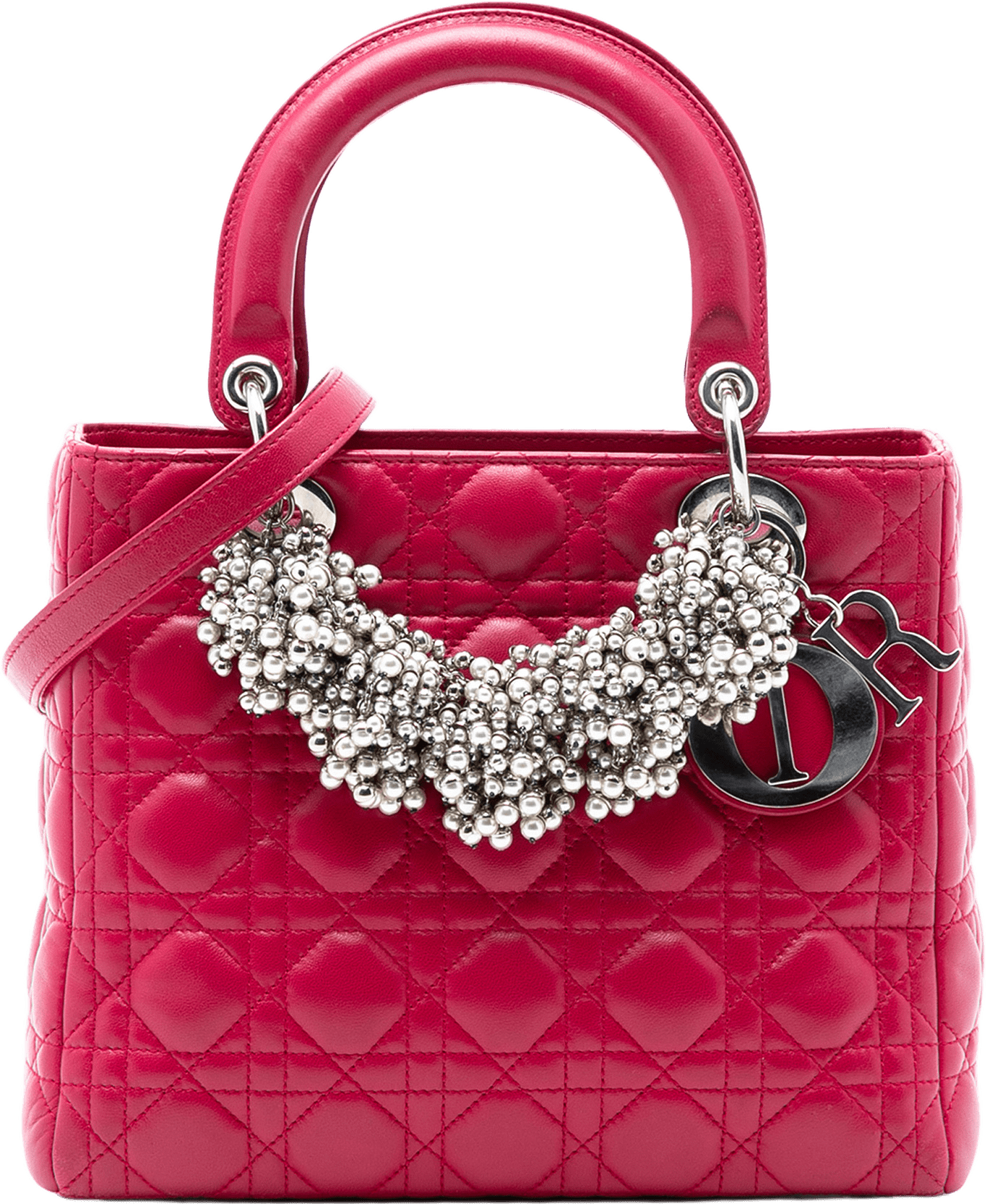 Dior Medium Lambskin Cannage Pearl Lady Dior, från Luxclusif, i färgen red.