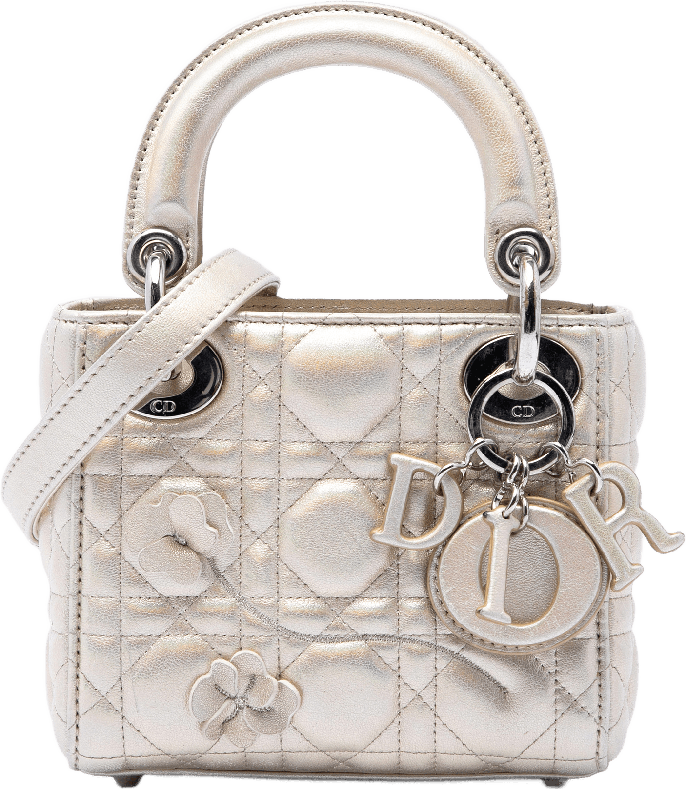 Dior Micro Metallic Crinkled Calfskin Lucky Dior Cannage Lady Dior, från Luxclusif, i färgen guld.