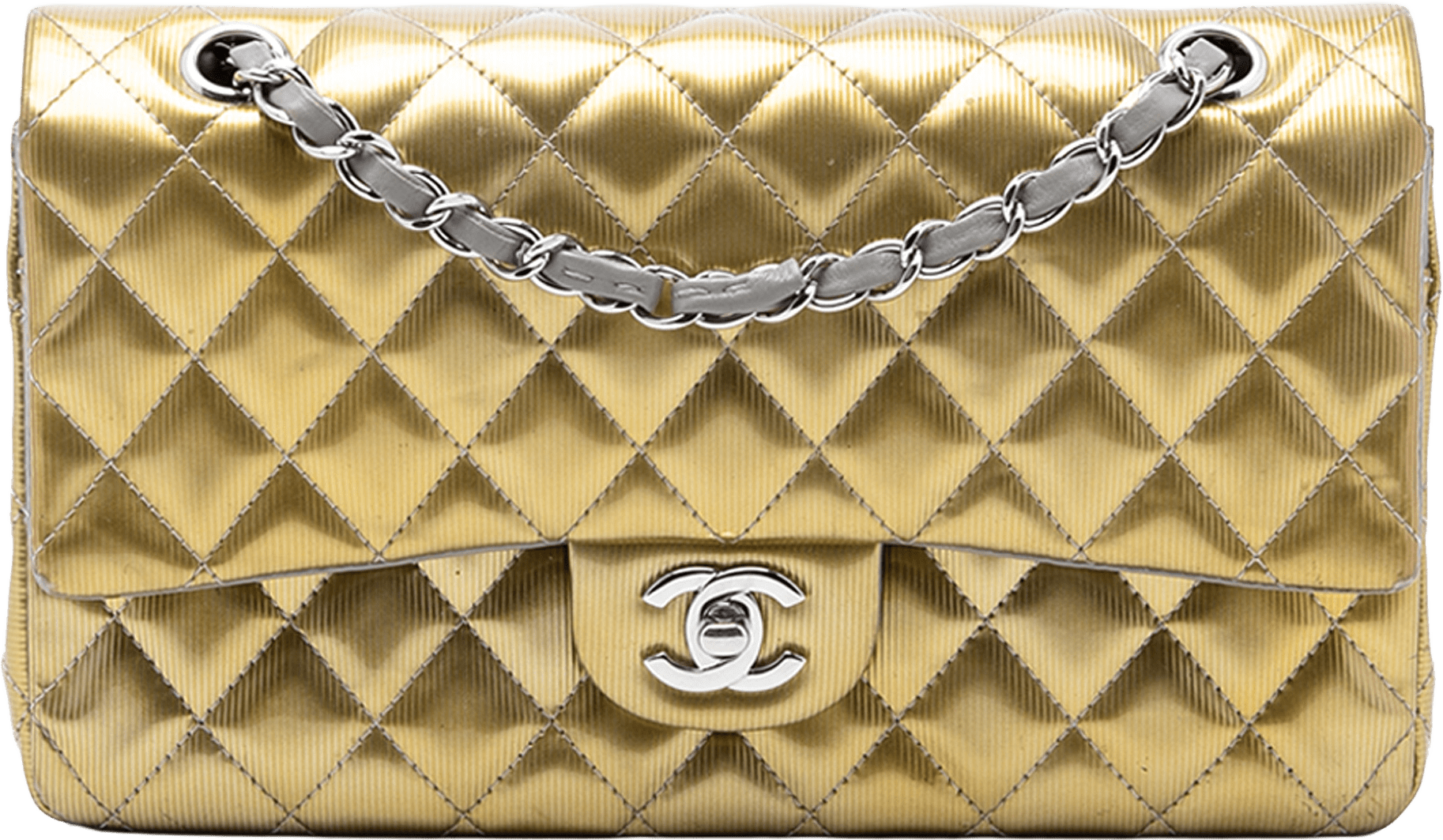 Chanel Medium Classic Striated Patent Double Flap, från Luxclusif, i färgen gold.