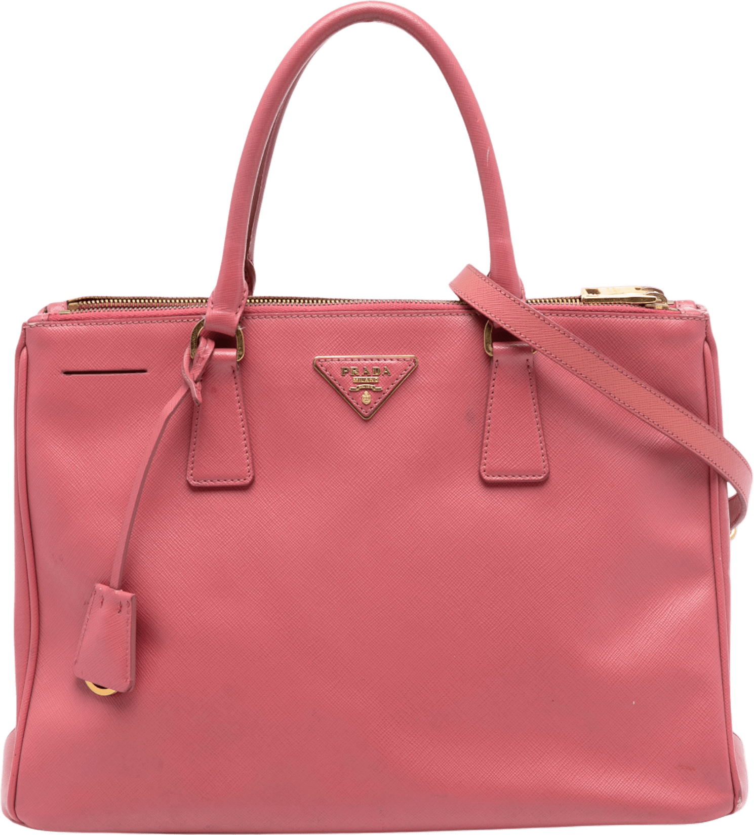 Prada Medium Saffiano Lux Galleria Double Zip Satchel, från Luxclusif, i färgen pink.